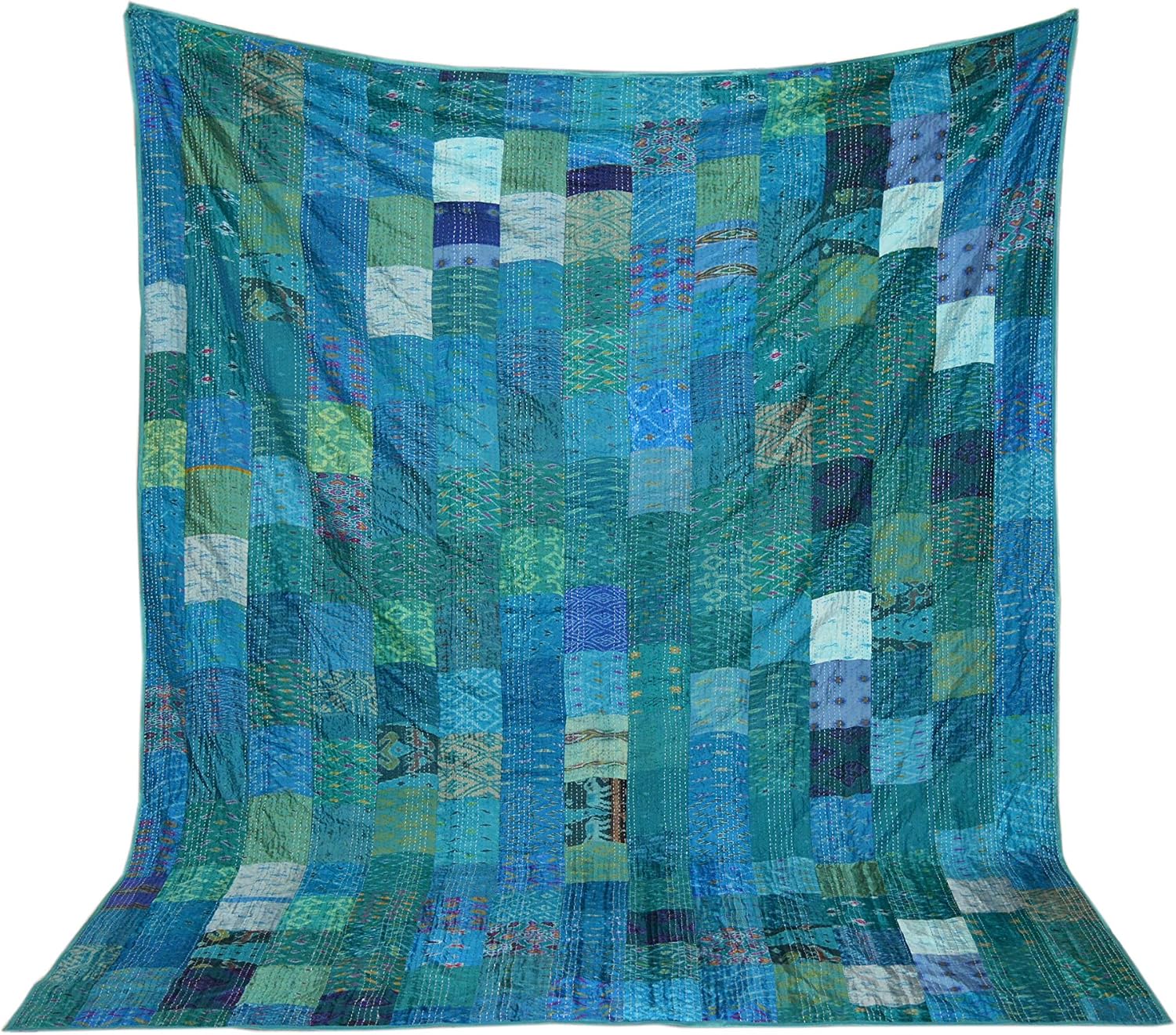 Crafts Creation Patola Silk Patch Kantha Quilt, Kantha Blanket Bedspread, Patch Kantha Throw, Queen Kantha, Kantha Rallies Indian Sari Quilt, Size 90" X 108" 001