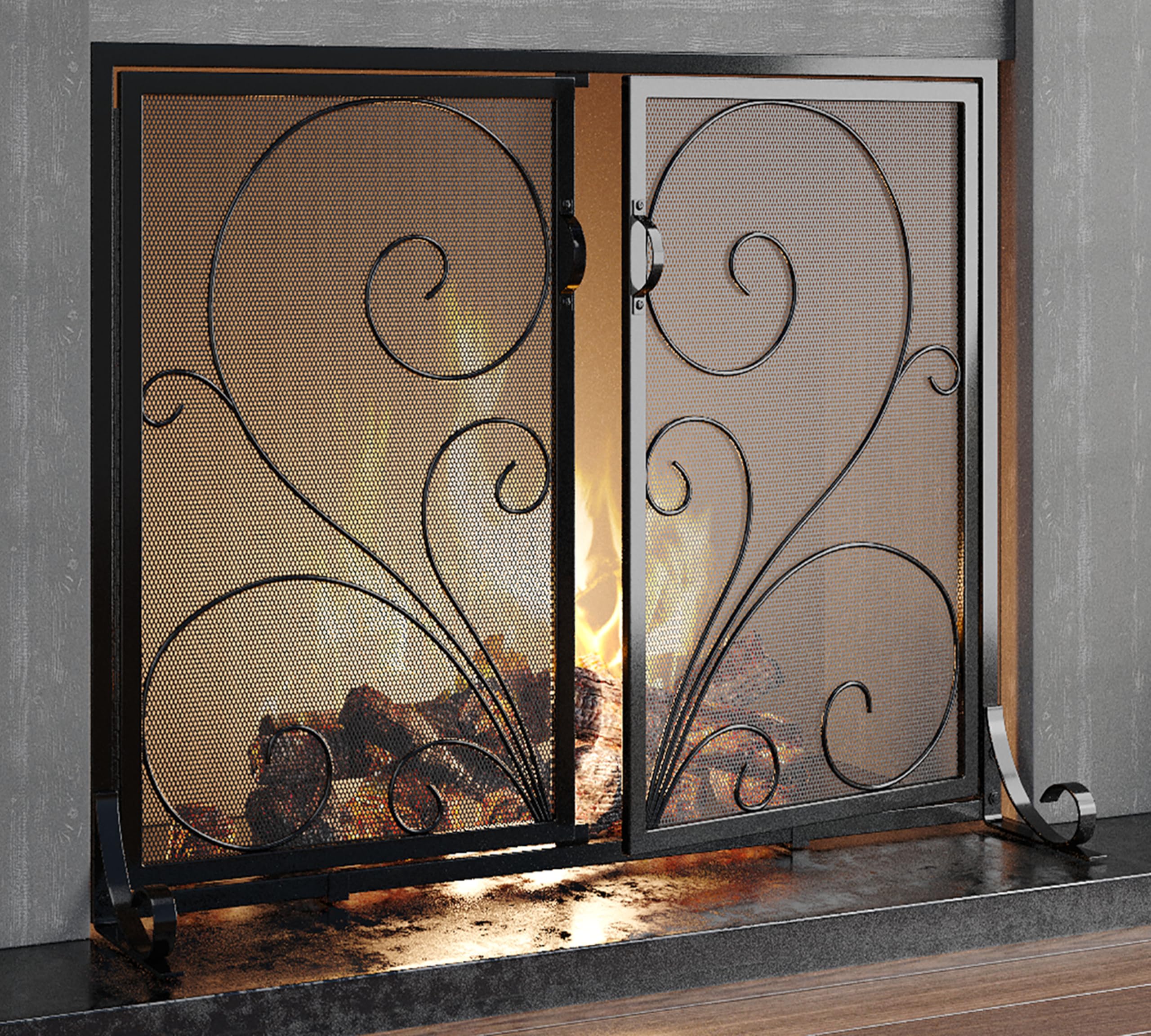 Calidola Flat Fireplace Screen with Doors,Solid Wrought Iron Frame with Metal Mesh, Flat Panel Decorative Fireplace Screen with Scroll Design, Free Standing Spark Guard