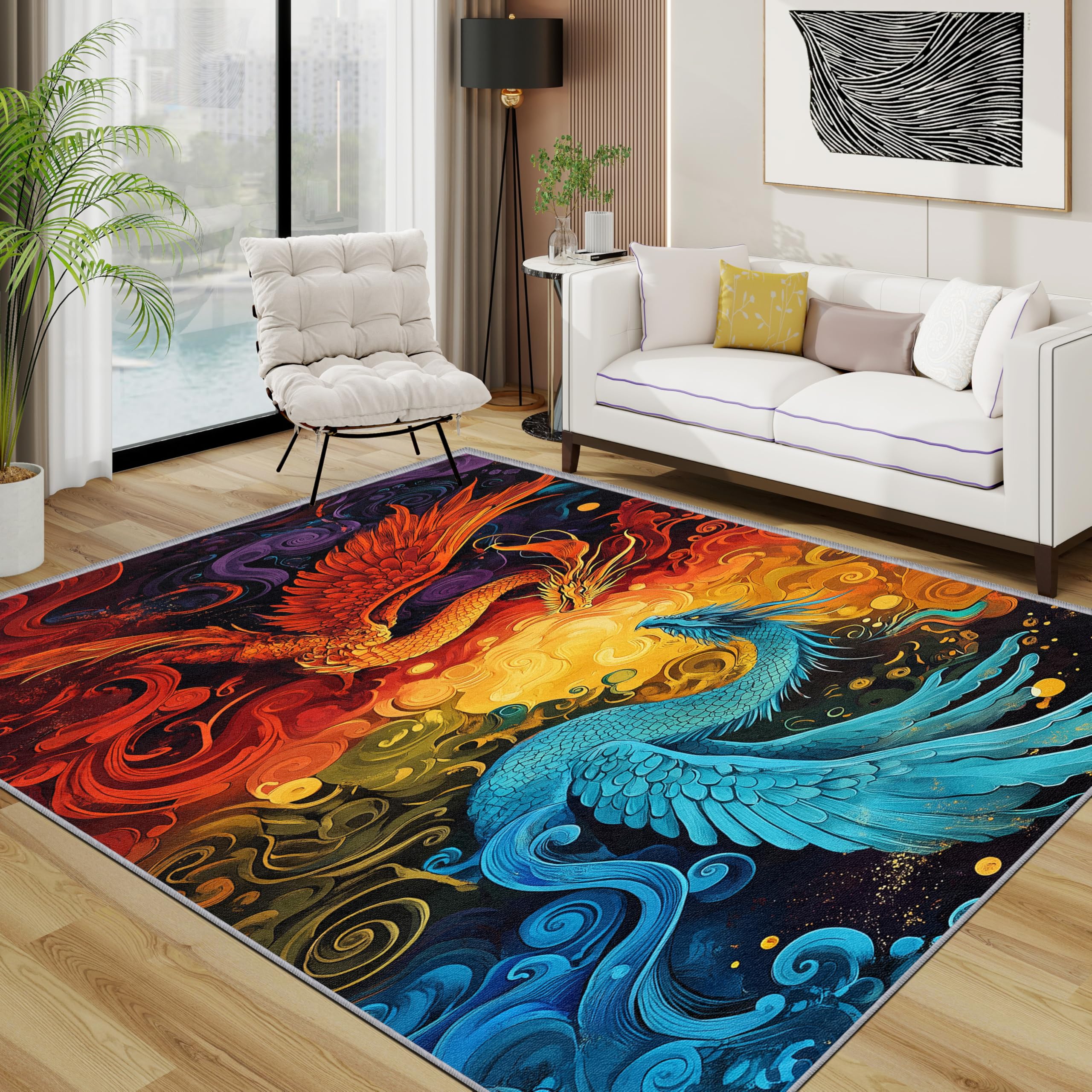 TerroVee Dragon Area Rugs for Living Room 120x180 - Phoenix Mythical Animal Rug for Bedroom, Fantasy Colourful Cloud Non Slip Washable Short Pile Carpet, Dragon House Decor