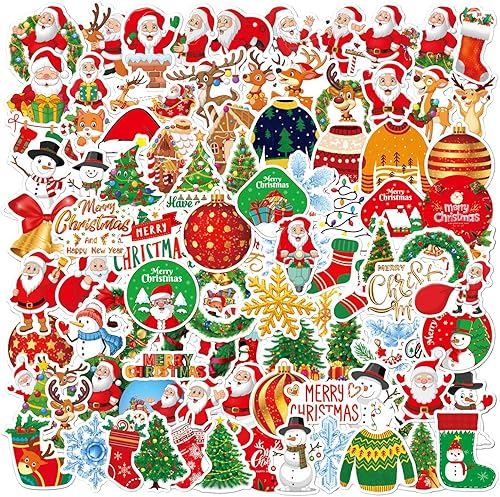 100 calcomanías de Navidad, Yelltale Merry Christmas Decoration, vinilo impermeable, Papá Noel, árbol de Navidad, muñeco de nieve, copos de nieve