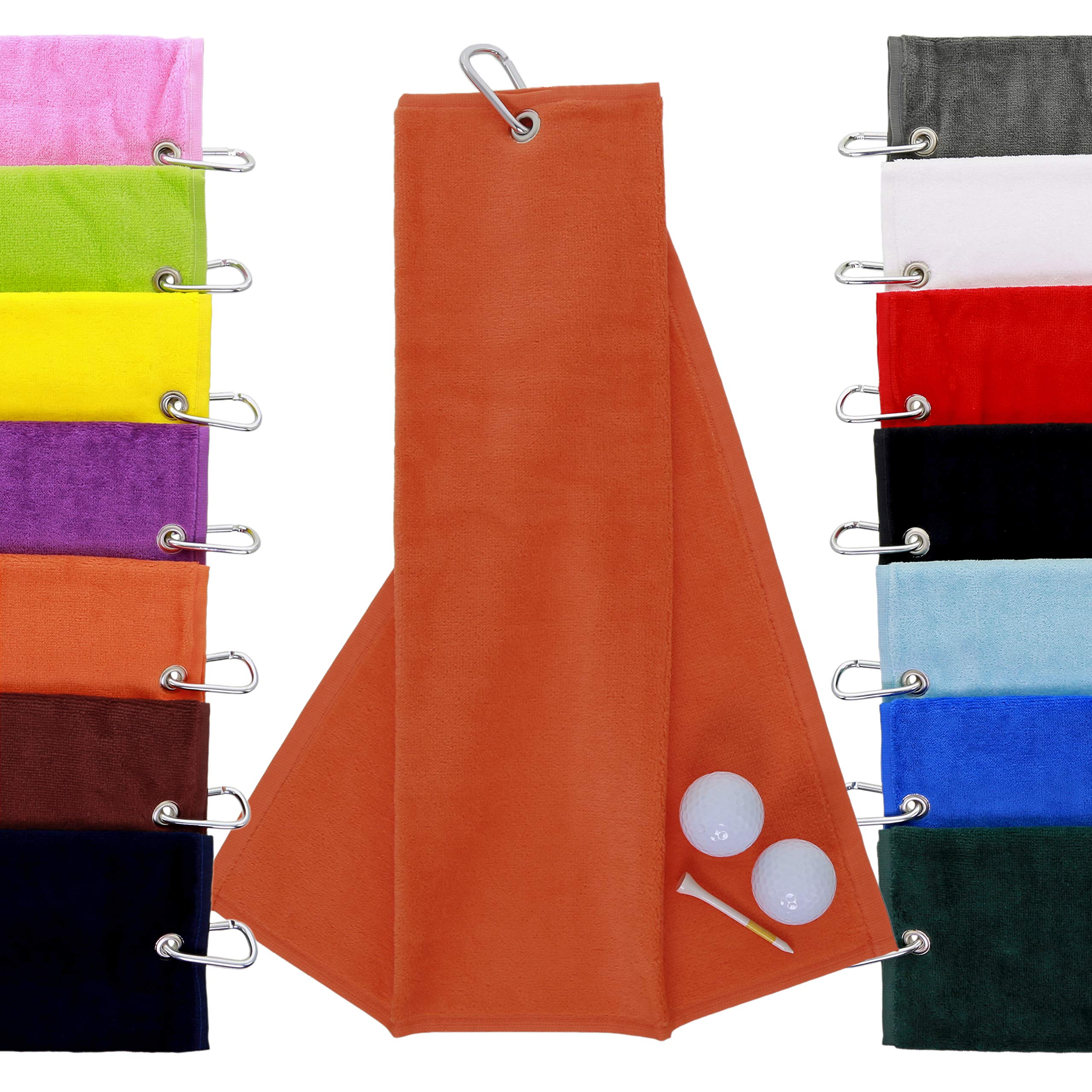 Aztex Orange Tri-Fold Golf Towel With Carabiner Clip, Cotton Velour, 590Gsm,