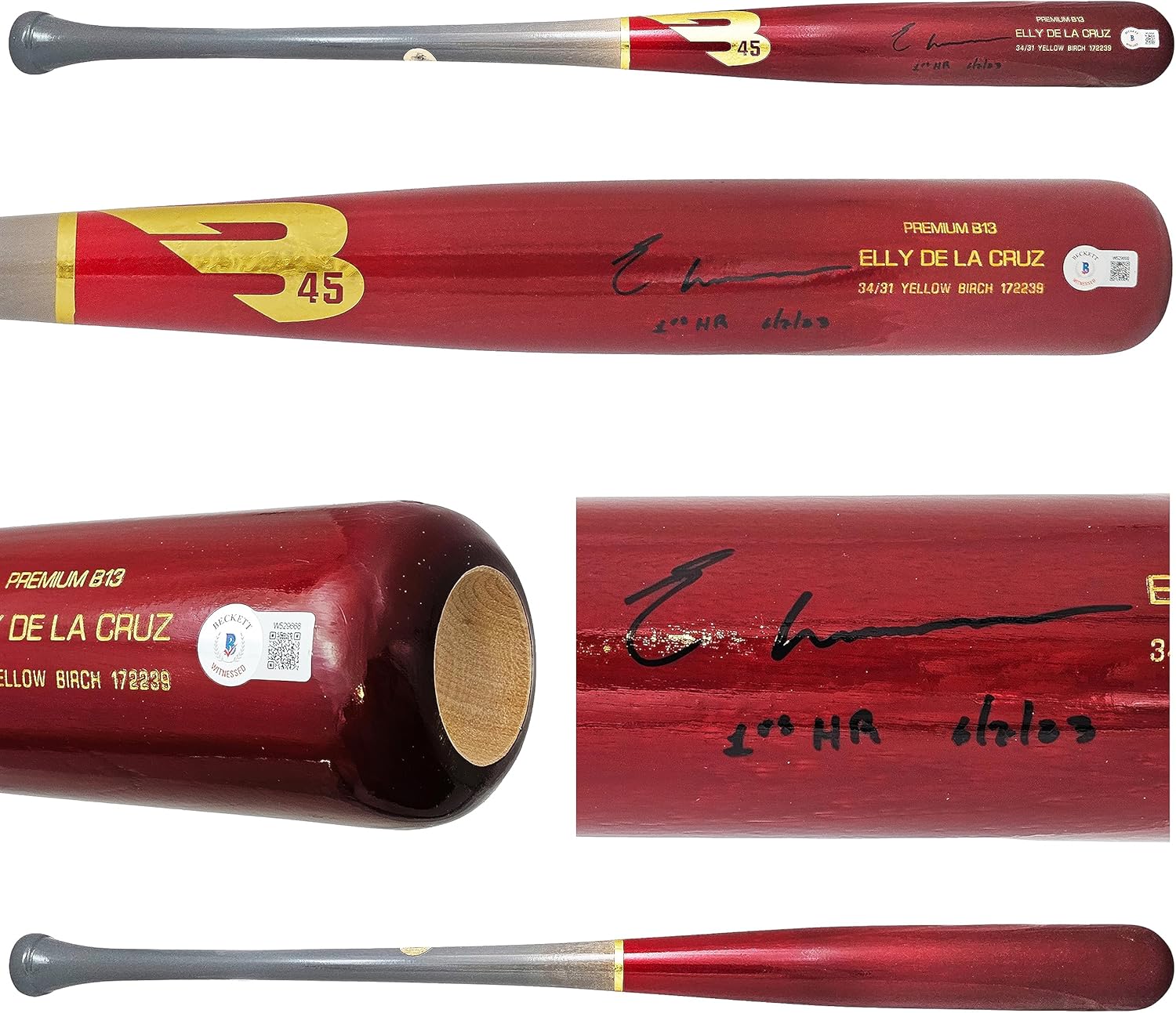 Elly De La Cruz Autographed Red B45 Player Model Bat Reds "1st M.L.B HR 6/7/23" Beckett BAS Witness Stock #220219