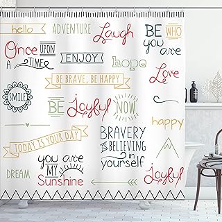 Ambesonne Adventure Shower Curtain, Various Words on Happiness and Self Value Uplifting Phrases Being Who You are, Cloth Fabric Bathroom Decor Set with Hooks, 69" W x 84" L, Blue Seafoam