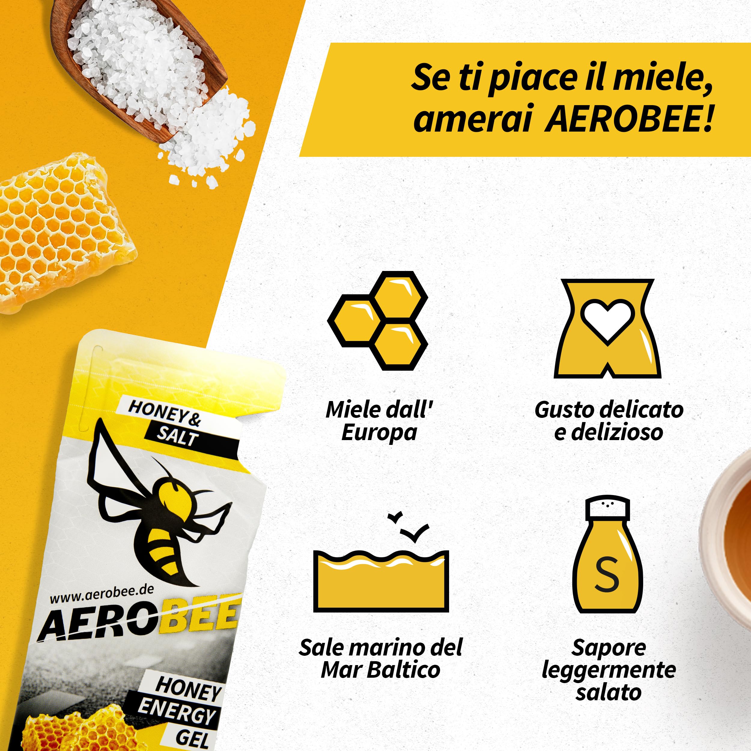 AEROBEE Gel energetico classico - Miele & Sale 10x26g [100% energetico naturale al miele] delizioso gel sportivo adatto per sport di resistenza, corsa con gel di carboidrati