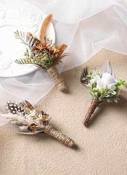 Boho Feather Boutonniere for Men - Handmade Brown Boutonniere for Wedding Rustic Corsage for Groom Groomsmen Anniversary Formal Dinner Party Prom Ceremony Suit