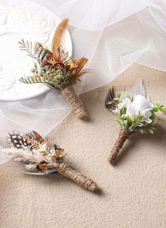 Boho Feather Boutonniere for Men - Handmade Brown Boutonniere for Wedding Rustic Corsage for Groom Groomsmen Anniversary Formal Dinner Party Prom Ceremony Suit