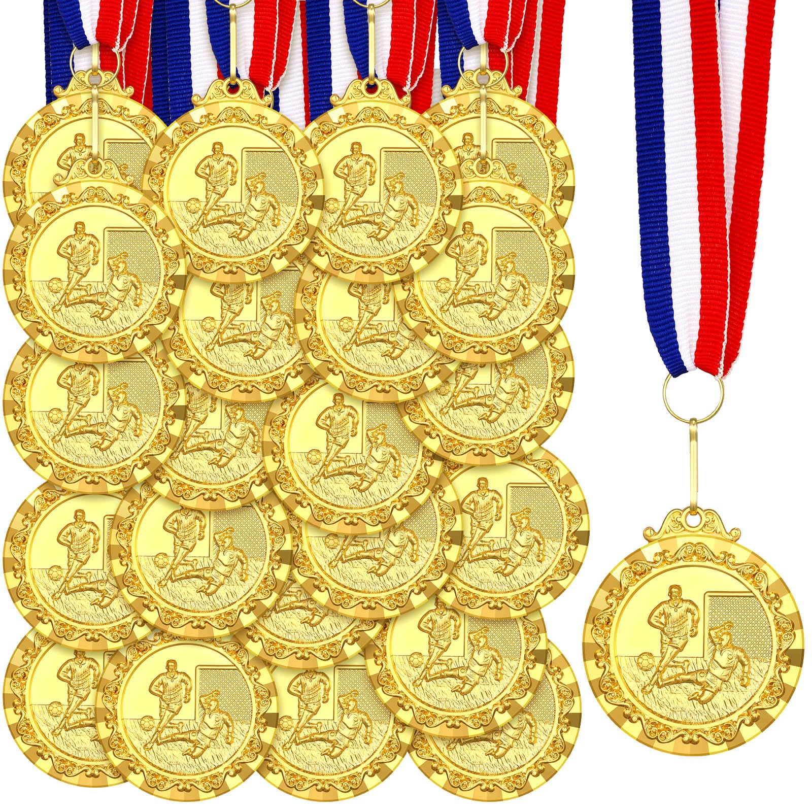 Misdary 36 Pcs Award Medals for Kids 2'' Gold Sports Awards Soccer Basketball Football Baseball Medals Trophy with Red White Blue Stripes Ribbon for Kids Sports Party Winner Gifts(Soccer)