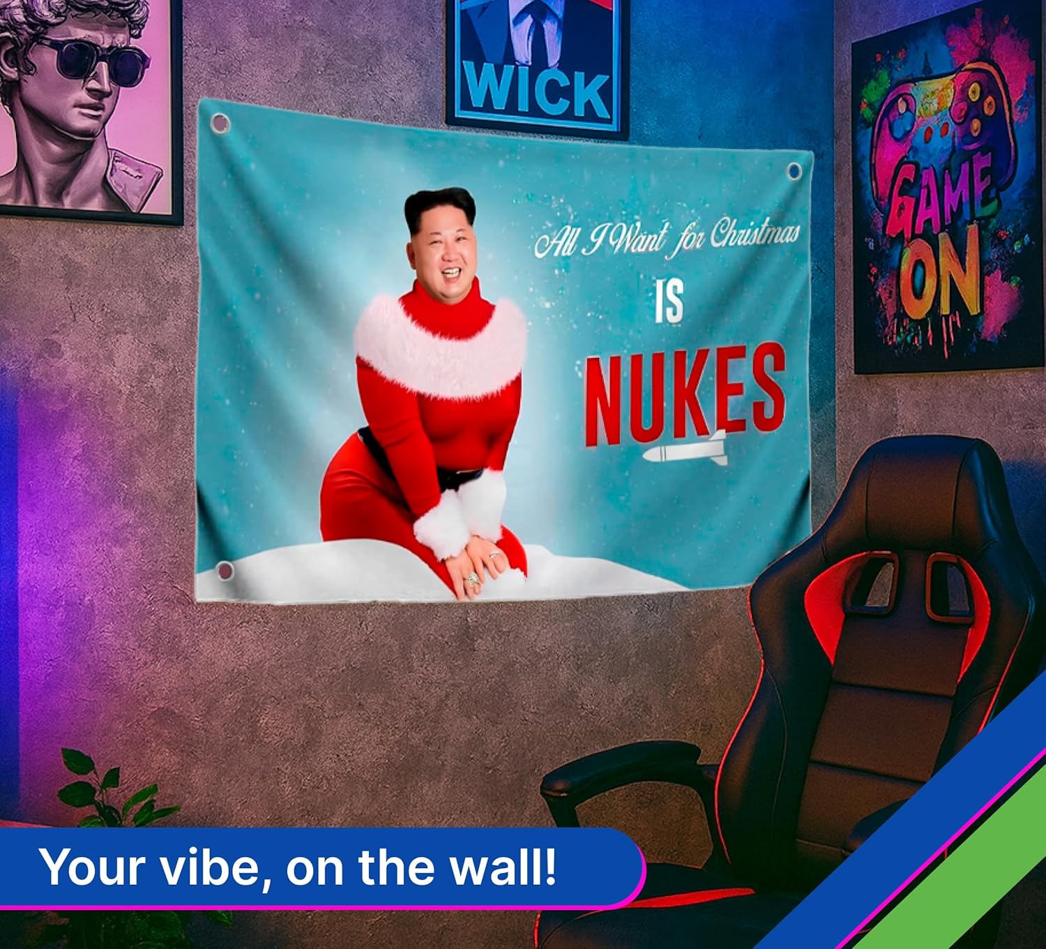 3x5 Ft Kim Meme Polyester Flag with Four Brass Grommets - Single Sided Banner All I Want for Christmas is Nukes - Funny Flag for College Party Indoor Decoration - Jong Cool Flags for Decor Boys Room - Image 3