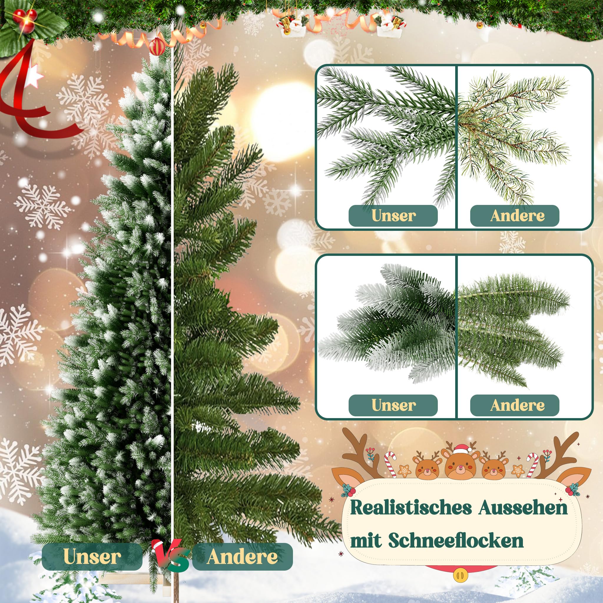 XMTECH Künstlicher Weihnachtsbaum PVC 150 cm, Holzfuß, Schneeoptik zu Hause