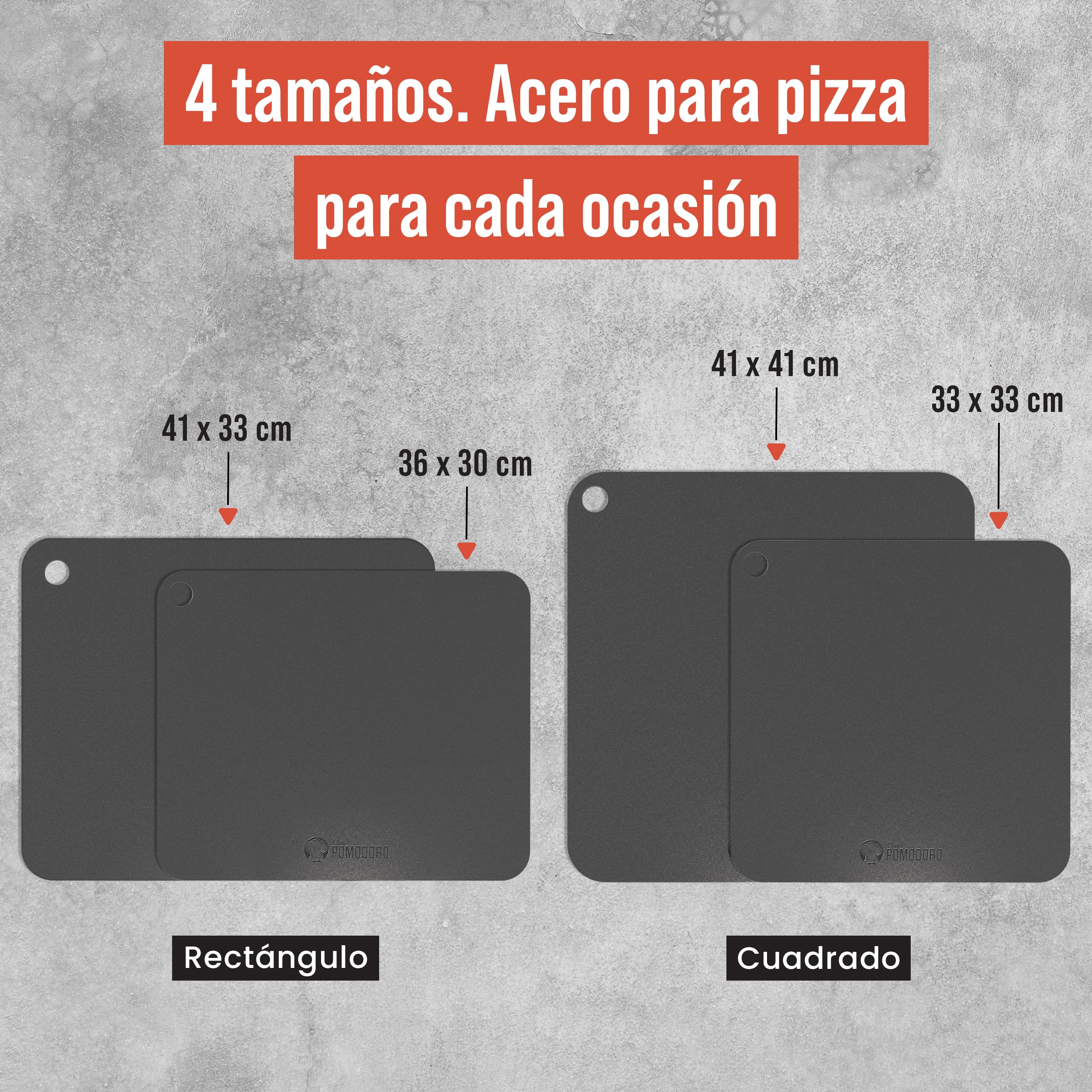 Chef Pomodoro Piedra Pizza Horno 40,6 x 40,6 cm (6,35 mm), Placa Acero Horno Pizza, Placa Acero Pizza, Plancha, Pedra Para pan y pizza, Tabla de Piedra en acero con orificios para levantar