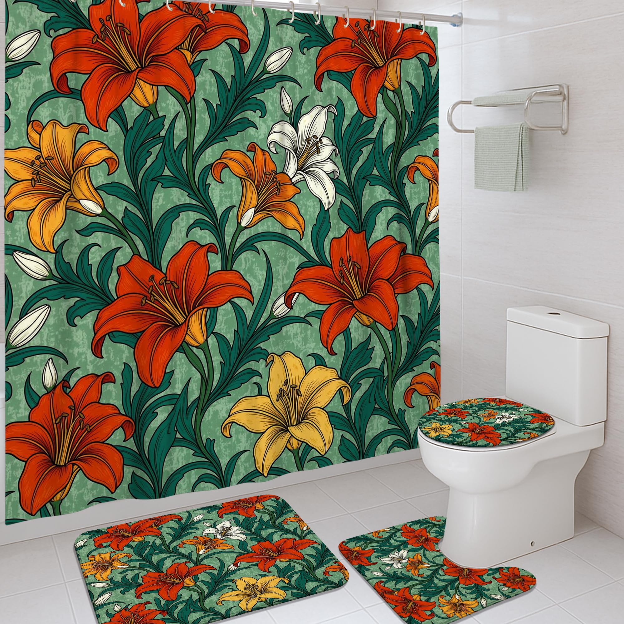 Rideau de douche anti-moisissure en tissu imperméable motif floral rétro
