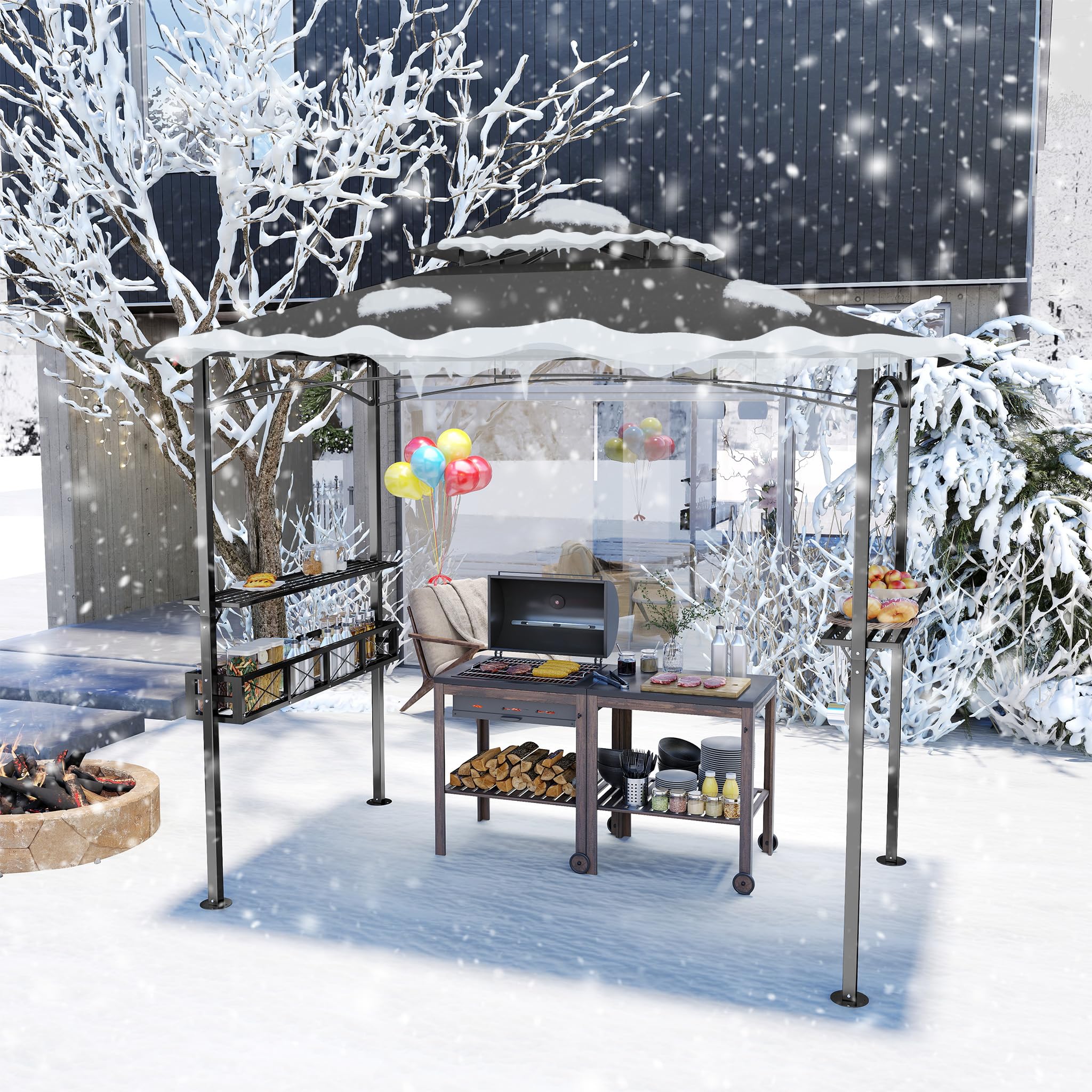 Pawilon do grillowania BBQ 245 x 153 cm, odporny na warunki atmosferyczne, wolnostojący, z ochroną przed słońcem, podwójnym dachem, regałami i koszami, pawilon ogrodowy do ogrodu i na plażę, na