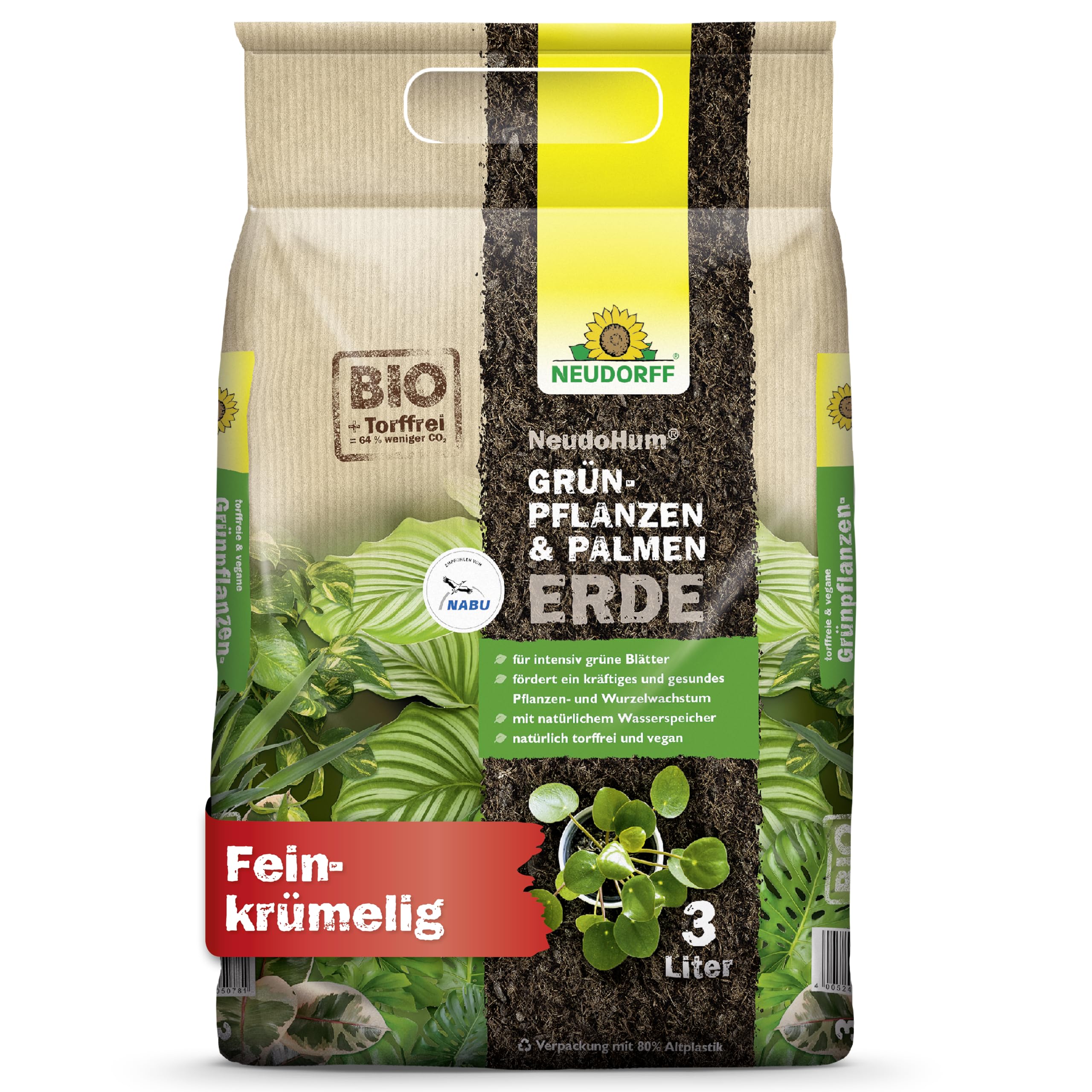 Neudorff Pflanzerde Grünpflanzen- & PalmenErde 3 Liter, torffreie Bio-Erde vorgedüngt für 3–4 Wochen
