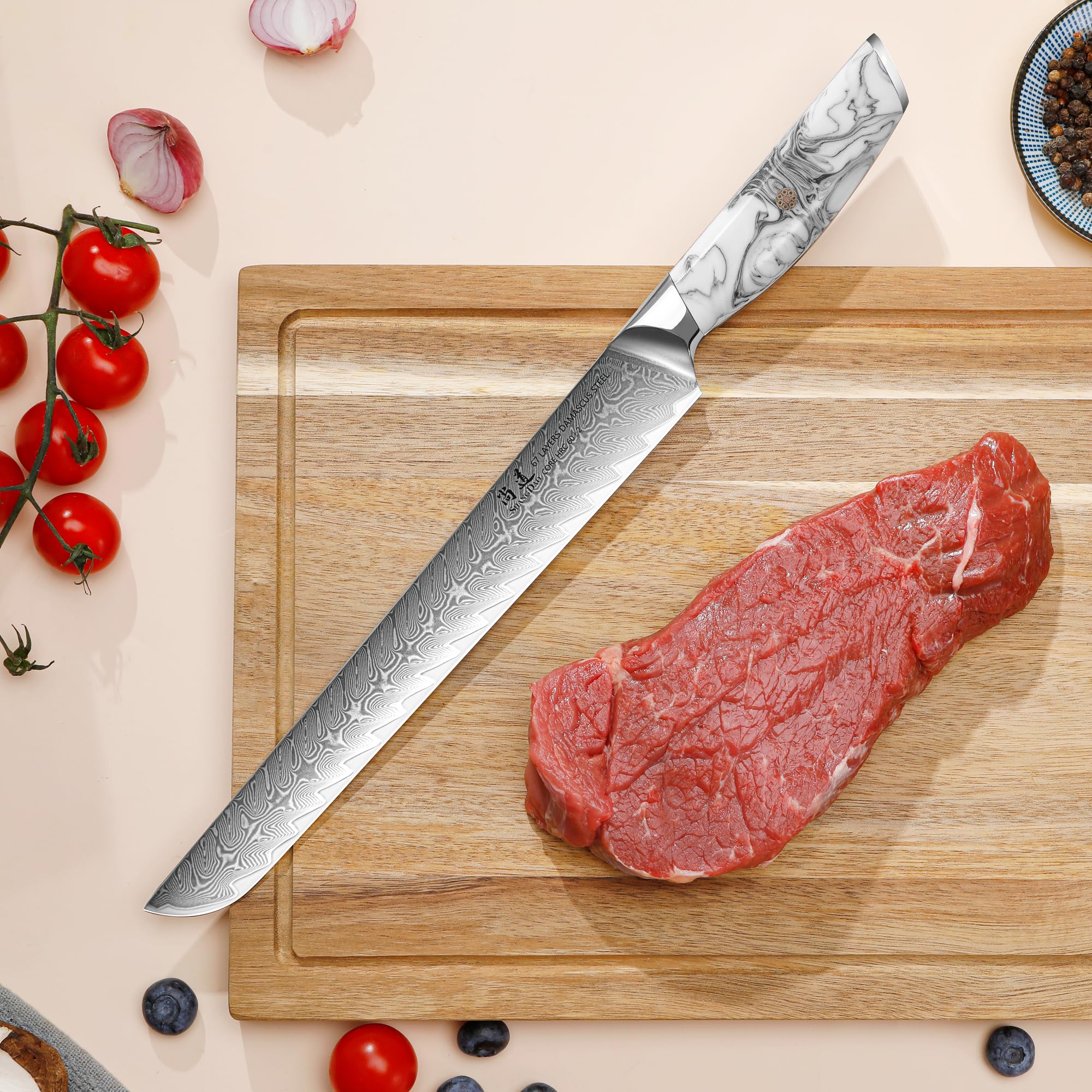 SHANGDAO Coltello da intaglio e per affettare - 10 pollici, acciaio di Damasco forgiato VG10, coltello per petto, coltello per carne e barbecue, codolo completo