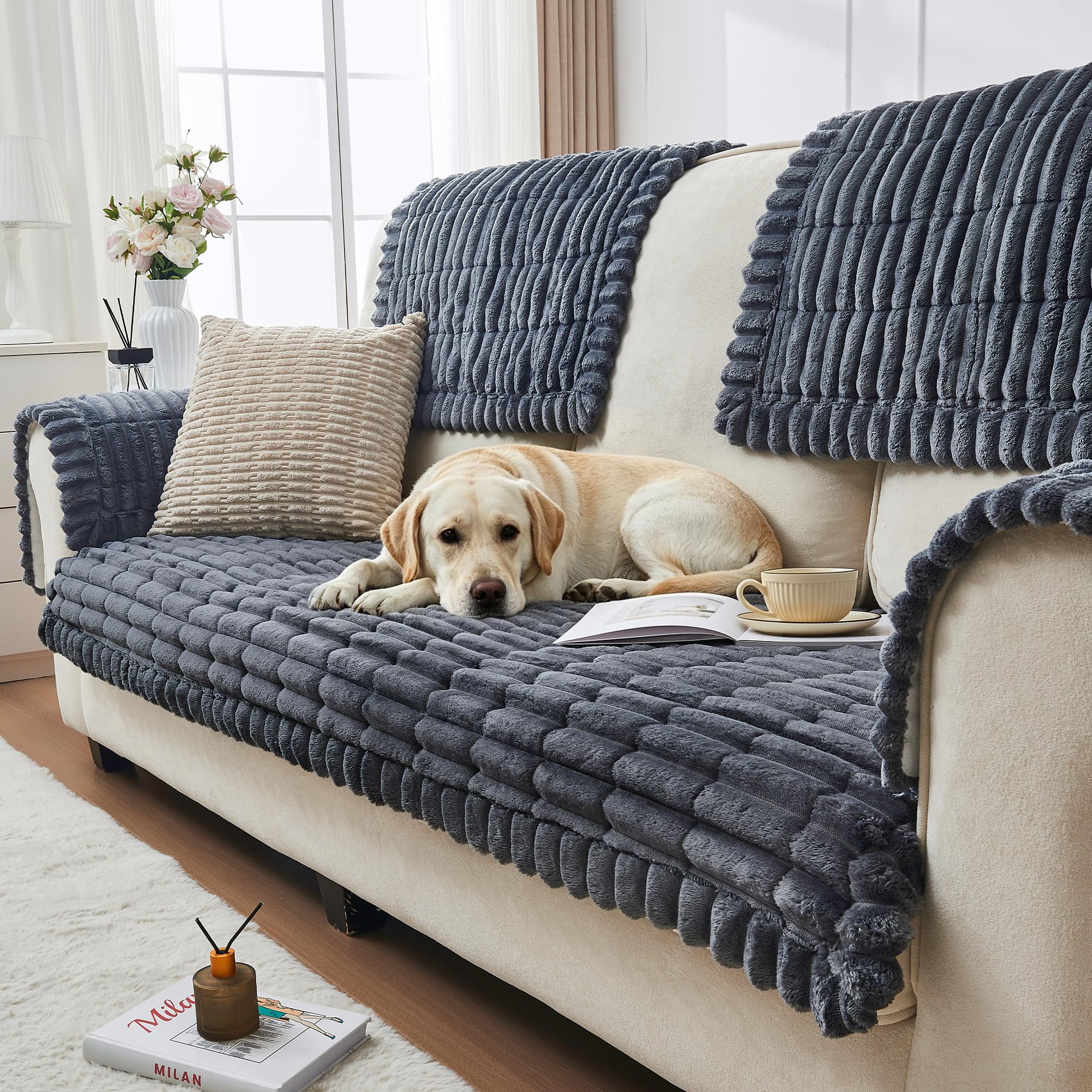 beeweed Thick Corduroy Sofa Cover, Washable Non-Slip Furniture Protector for 2/3/4 Seater, Pet-Friendly Couch Slipcover for Living Room, Soft Universal Couch Seat Cover (Dark Grey, 70x150cm)