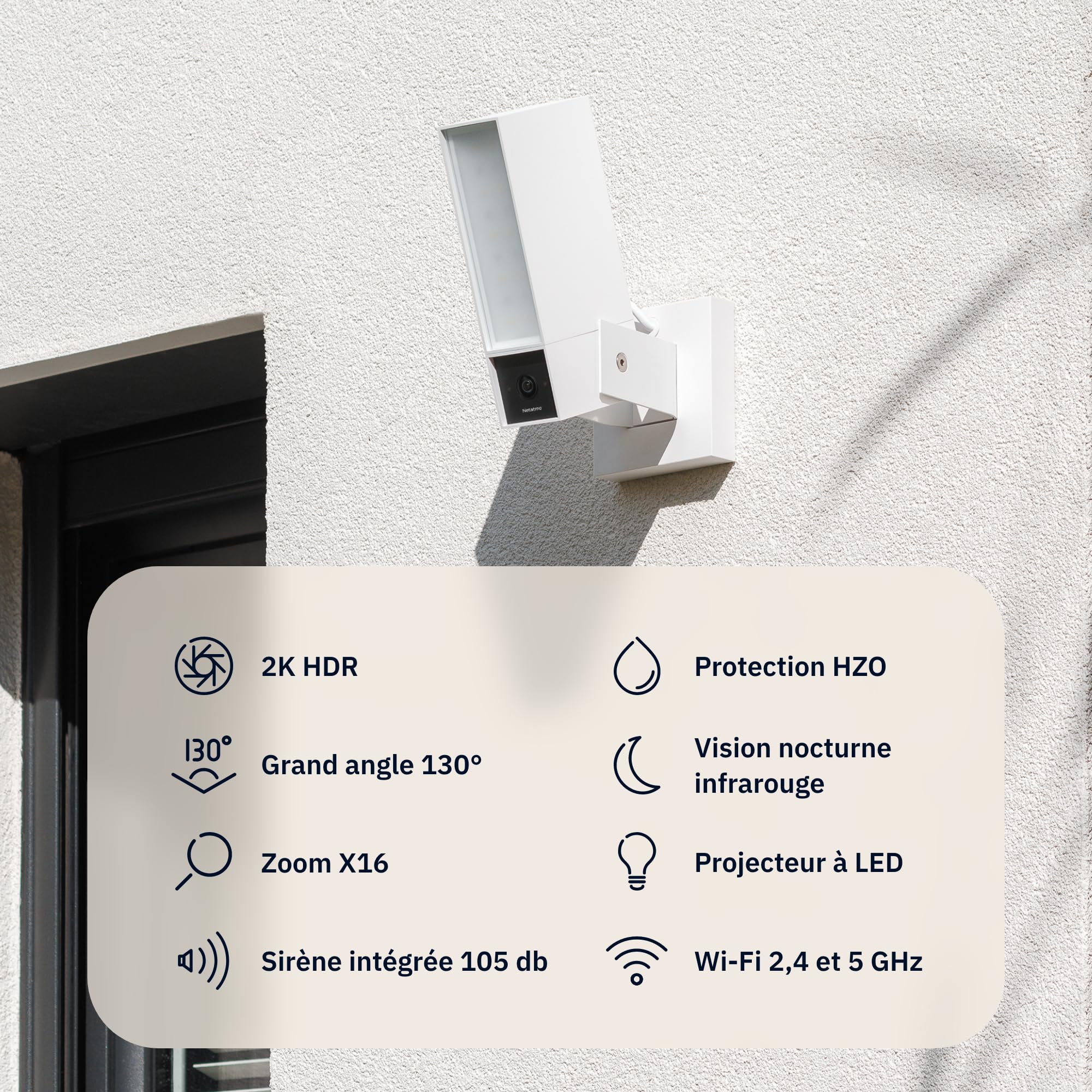 Monitorująca Kamera Zewnętrzna NETATMO, Wi-Fi 5 GHz, 2K HDR, wykrywanie osób pojazdów/zwierząt dzięki AI, reflektor LED 12 W, wbudowany alarm 105 dB, lokalne przechowywanie danych, bez abonamentu, Cza