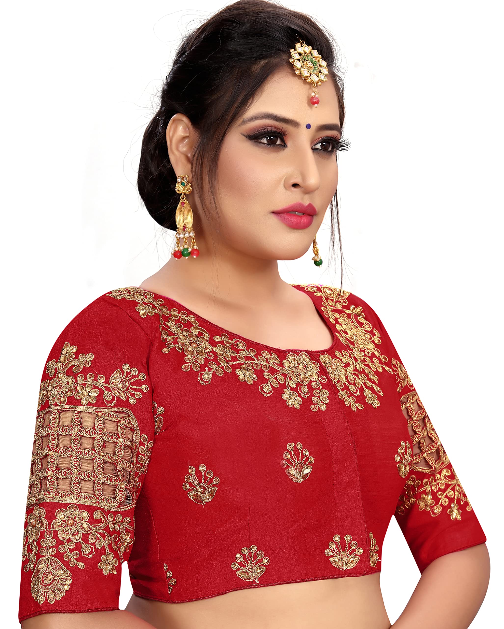 Pujia Mils Women's Silk Checks Half Sleeve Readymade Blouse (Checks_Red_36)