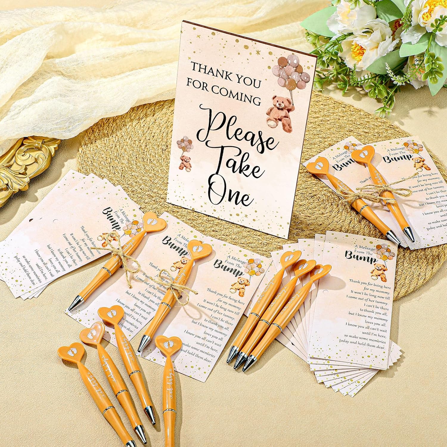 Qeeenar 50 Set Baby Shower Favors for Guest 1 Thank You for Coming Sign 50 Heart Shaped Ballpoint Pens 50 Thank You Cards with Twine Baby Shower Gender Reveal Party Return Gifts (Brown)