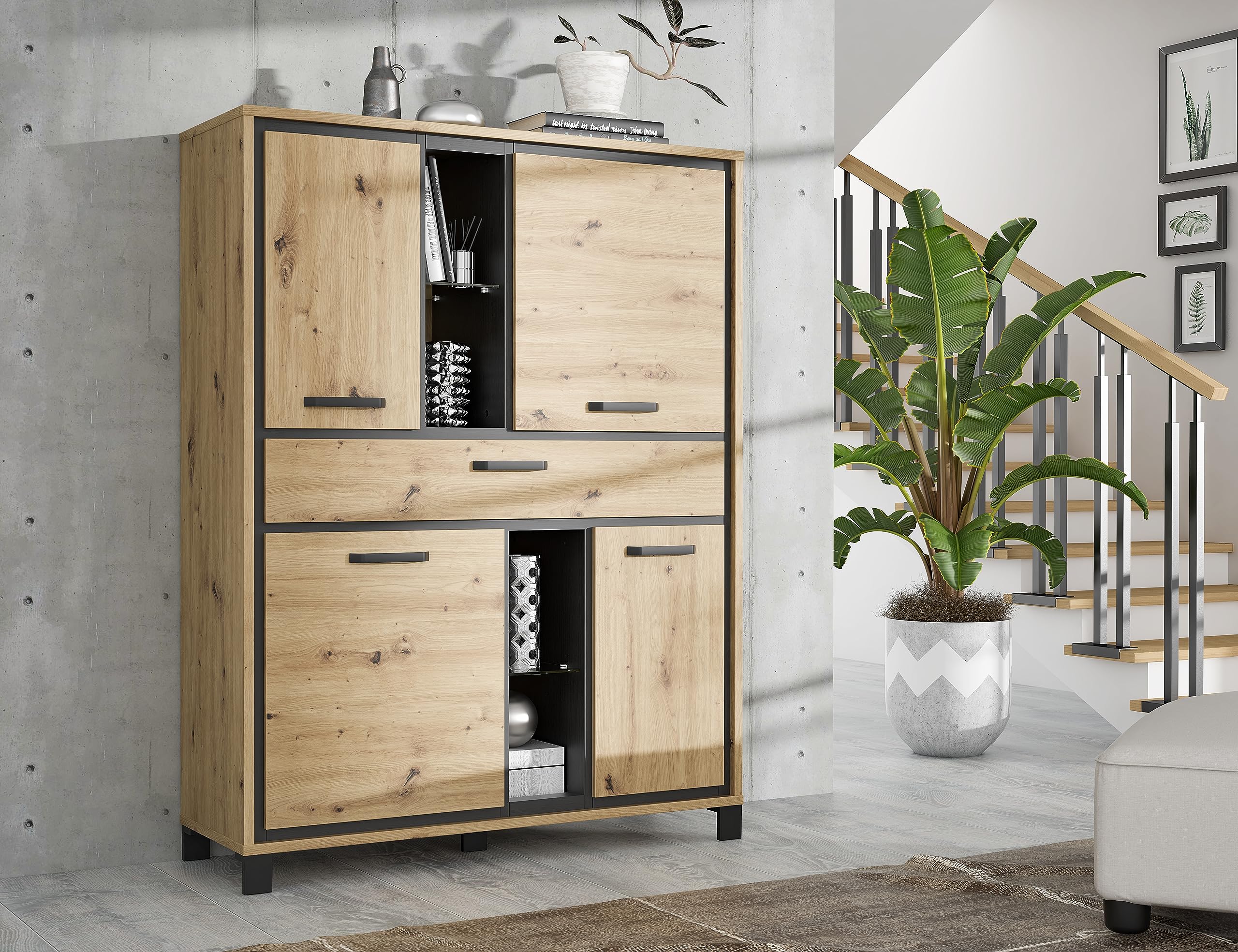 FORTE Trondheim Highboard, Holzwerkstoff, Artisan Eiche kombiniert mit Schwarz Eiche, 101,1 x 161 x 120,4 cm