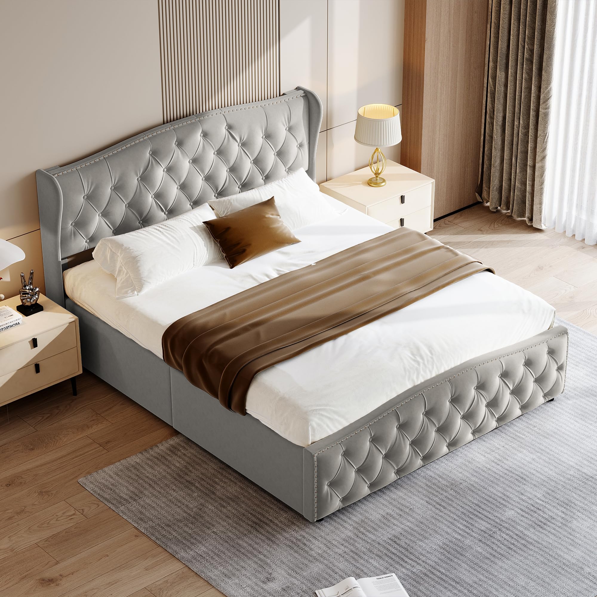 Polsterbett 140x200 cm mit Unterbettkommode, Doppelbett mit Kopfteil und Lattenrost, Samt, für Erwachsene und Jugendliche geeignet, beige-graues Polsterbett, Ohne Matratze(Grau, 140x200cm)