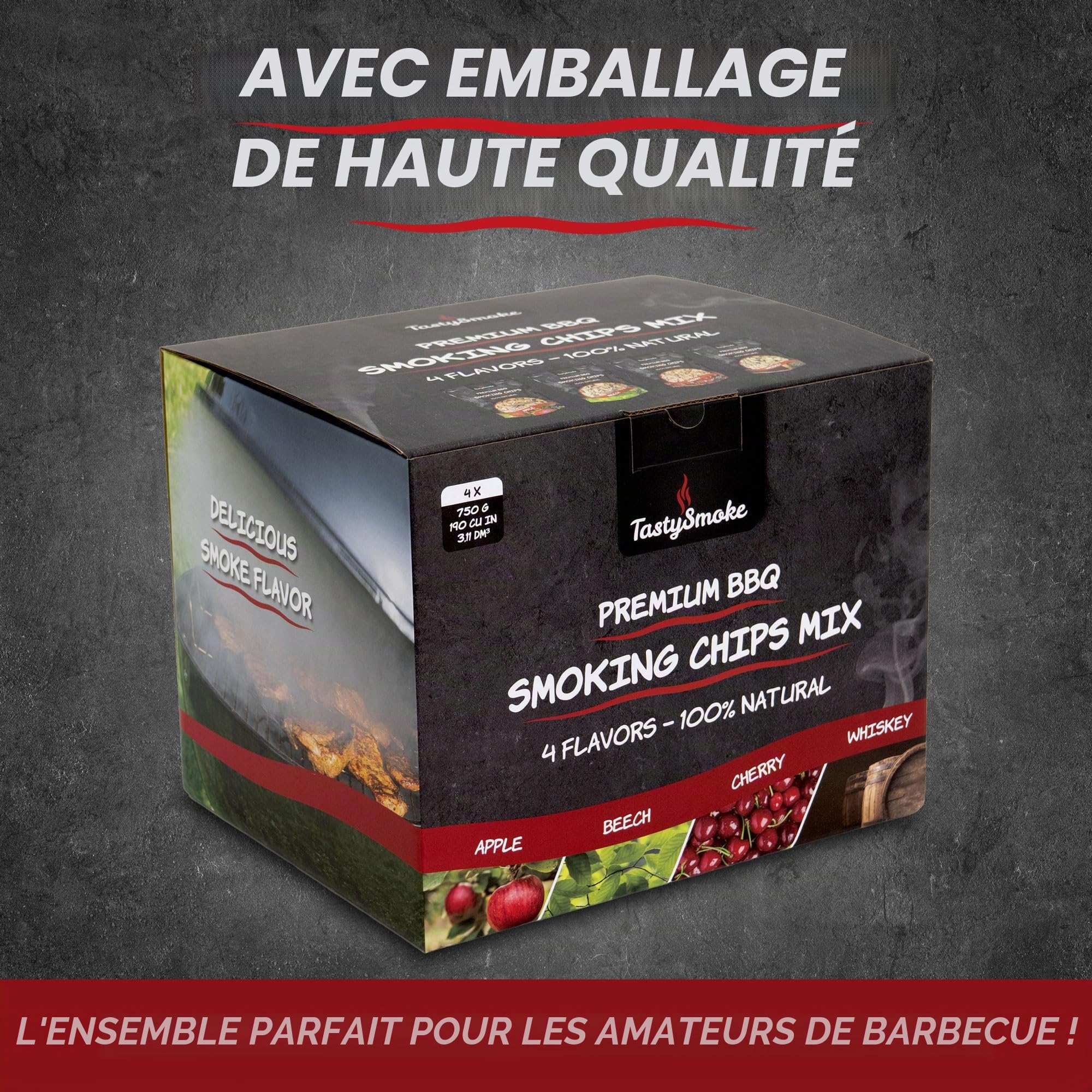 Ensemble de 4 paquets de copeaux de fumage de haute qualité – Copeaux de bois naturels en pomme, hêtre, cerise et chêne – Parfait pour fumoir, gril et barbecue – 100% pure qualité de 750