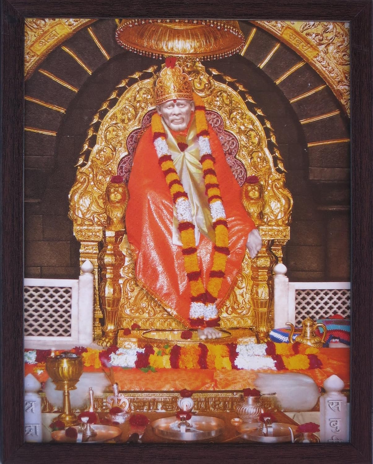 SANVIKA Sai Baba Poster Frame Wall Decor, Sai Baba Photo Art Frame For Living Room Decor, Hindu Decor For Office, Home, Pooja Room-12" x 9" (Sai Baba Sitting on Throne with Colorful Garland)