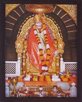 SANVIKA Sai Baba Poster Frame Wall Decor, Sai Baba Photo Art Frame For Living Room Decor, Hindu Decor For Office, Home, Pooja Room-12" x 9" Sai Baba Sitting on Throne with Colorful Garland