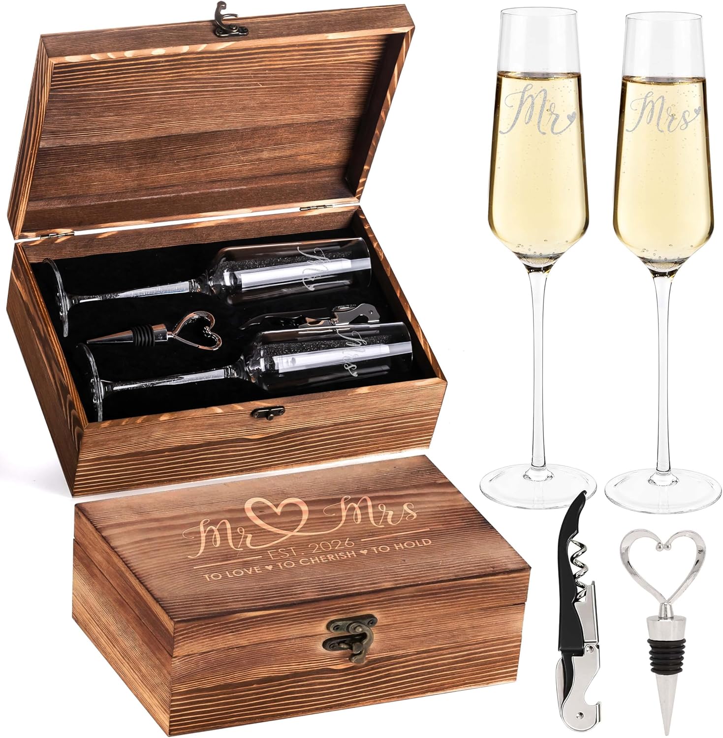 Personalized Mr & Mrs Est. 2026 Champagne Flutes Set of 2 - 8oz Engraved Wedding Glasses with Wooden Box, Stopper & Corkscrew