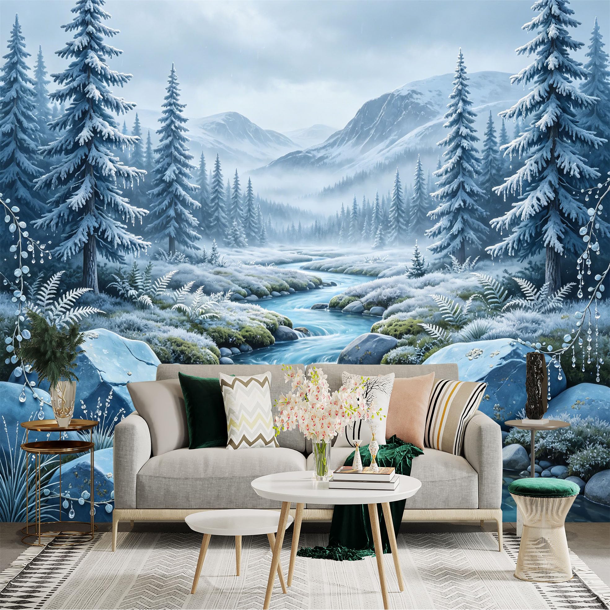 Custom Size Wall Sticker Mural， Winter Forest with Snowy Pines， River and Mountains， for wall Decoration， peelandstick wall Decals.