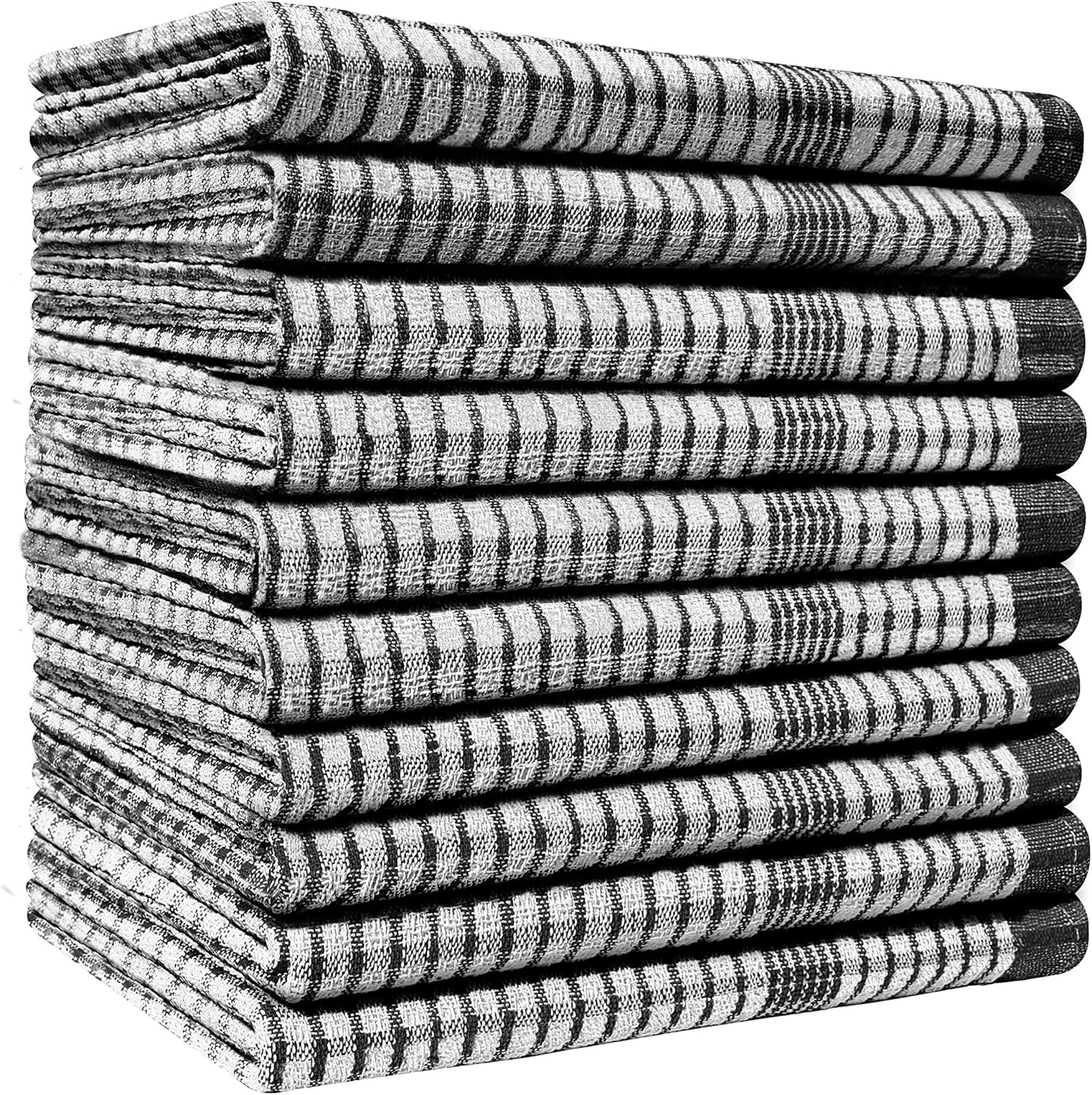 Quick Cleaning Supplies Pack of 10 Heavy Duty (80gm/pc) WonderDry Checked Cotton Kitchen Tea Towels - Absorbent - Durable & Long Lasting – Professional Grade - Lint Free – Fade Resistant (Black) — image 1