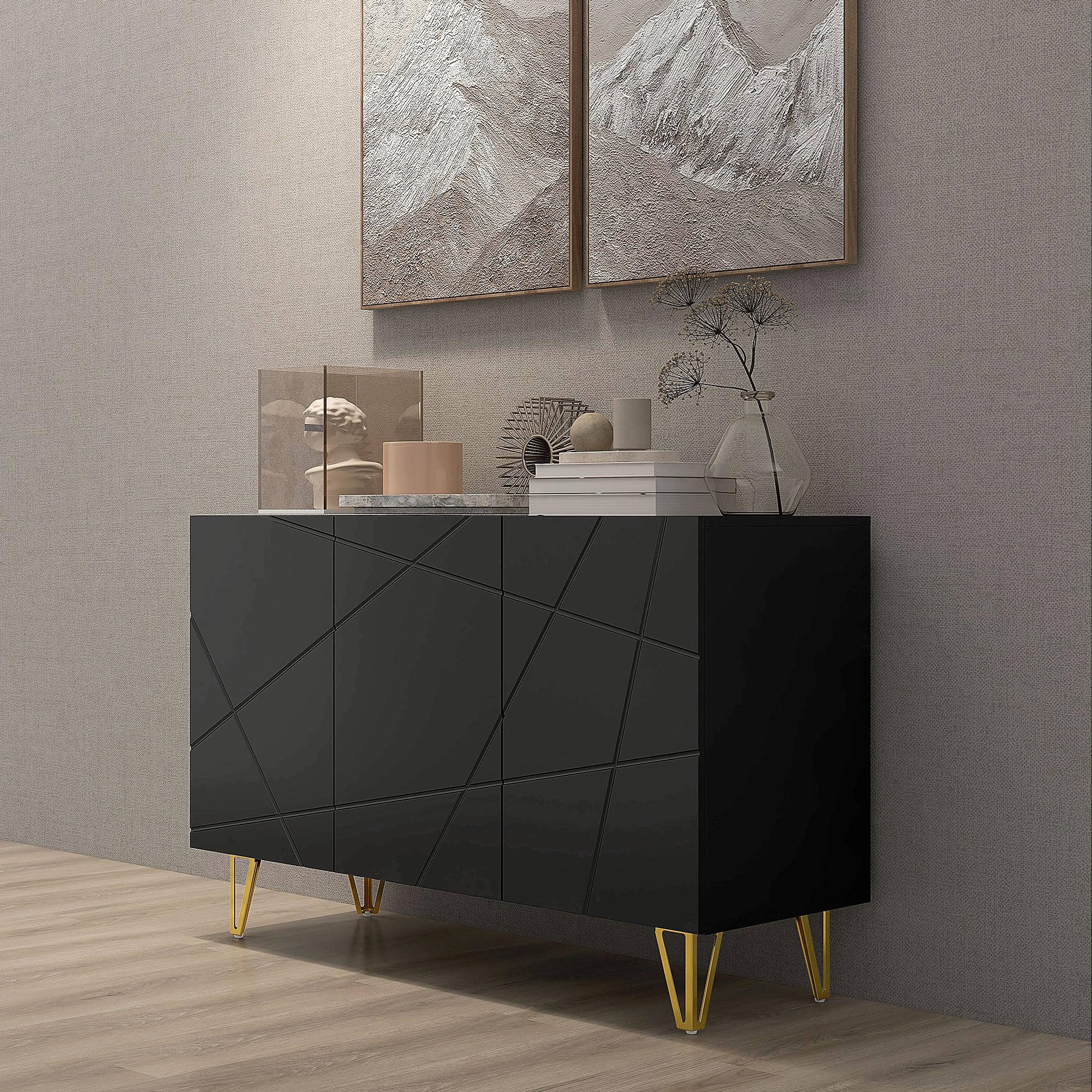 HOMCOM Mobile Contenitore con 2 Armadietti e Ripiano Regolabile a 3 Livelli, Credenza Moderna con Gambe in Metallo, 120x40x75 cm, Nero e Oro