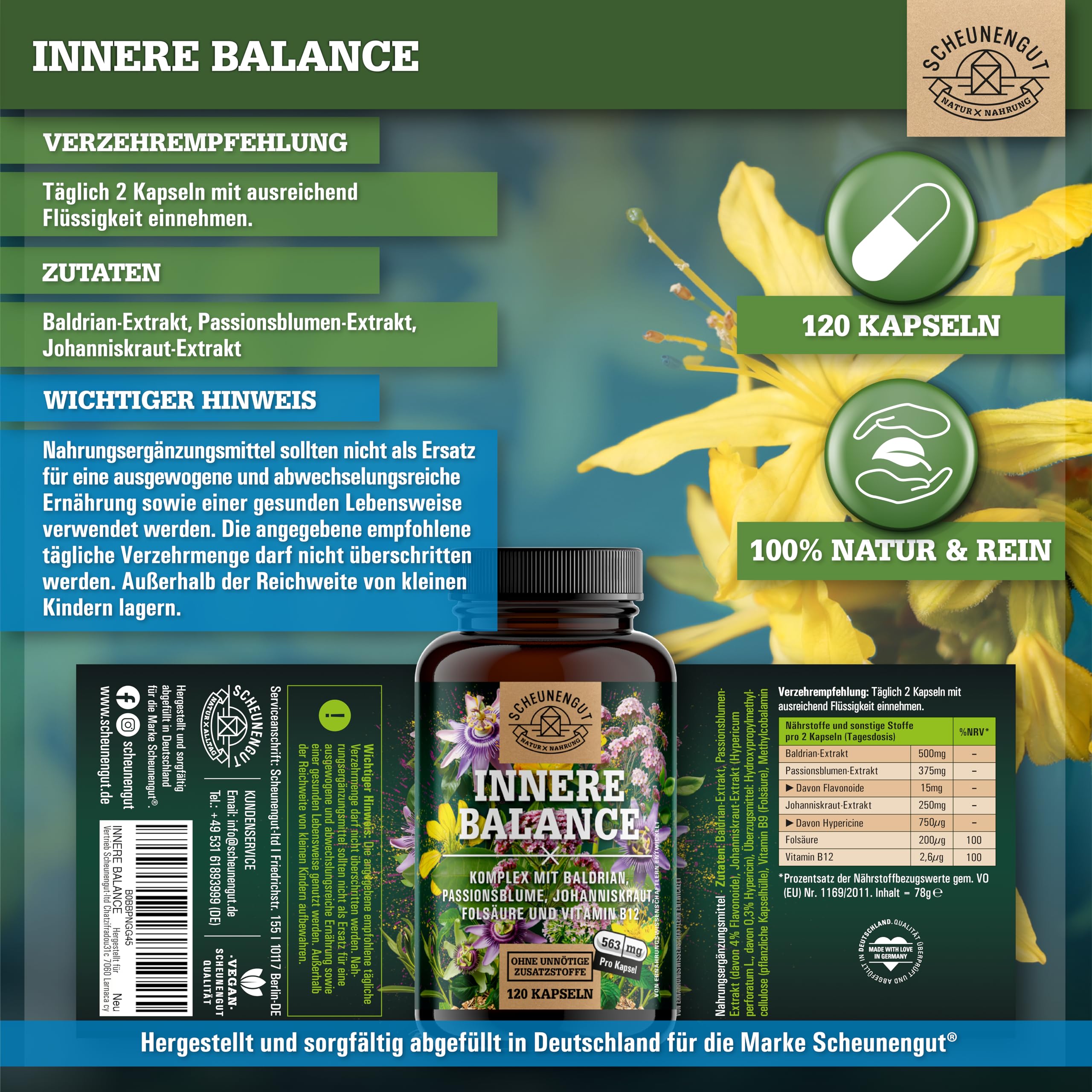 INNERE BALANCE® Passionsblume Johanniskraut Baldrian Hochdosiert -WICHTIG: Laborgeprüfter Markenkomplex mit Hypericin, Hyperforin, Folsäure +Vitamin B12 120 Kapseln DE SCHEUNENGUT®
