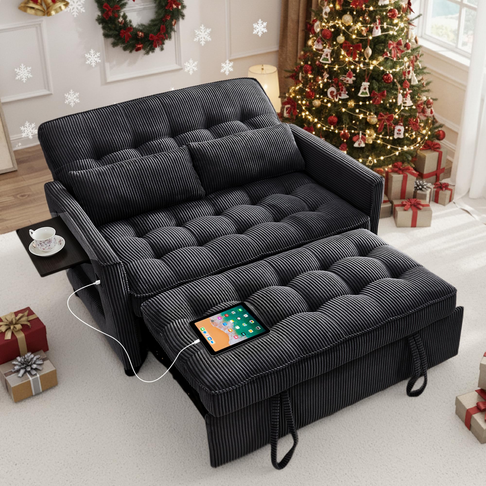 Sleeper Sofa Bed, 52‘’ Convertible Pull Out Couch with Small Table| USB Port | Side Pockets | Corduroy Fabric | Adjustable Backrest for Apartment, Office, Bedroom, Guest Room (Black)