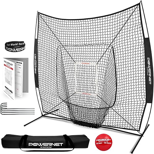 PowerNet DLX - Red de béisbol y sóftbol de 7 x 7 + pelota pesada + paquete de zona de golpe Juego de entrenamiento Equipo de práctica de bateo