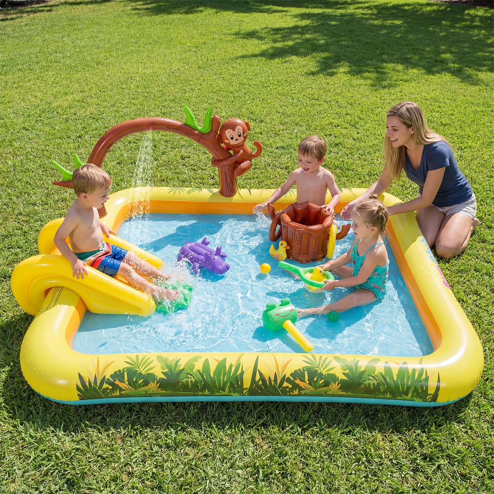 COSTWAY Piscine Gonflable Enfants Jungle avec Toboggan et Arroseur, Aire de Jeu Pataugeoire avec Jeu de Lancer d'Anneaux et Jouet Singe et Hippopotame pour Jardin Balcon Plage, 2-6 Ans, 207x168x77cm