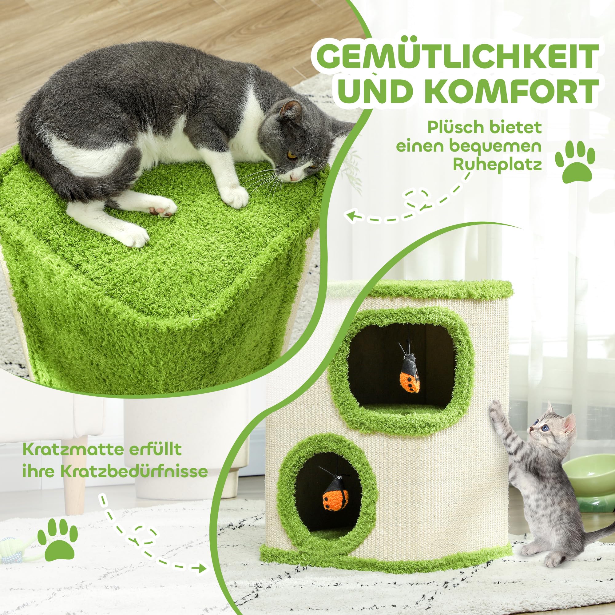 PawHut Kratztonne, 52 cm hoch Katzentonne mit 2 Höhle, Kratzbaum mit Marienkäfer-Spielzeug, Katzenturm aus Sisal, Katzenhöhle Katzenhütte für Katze bis 5 kg, Grün+Cremeweiß