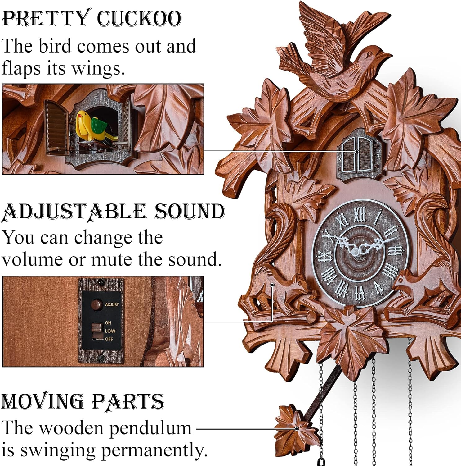 TIMEGEAR Cuckoo Clock with Night Mode, Quartz Movement and Automatic Light Sensor