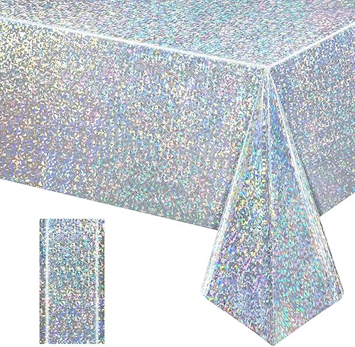 Miniatura 12 de Paquete de 2 manteles iridiscentes plateados, manteles rectangulares de plástico desechables brillantes de 54 x 108 pulgadas, mantel holográfico de