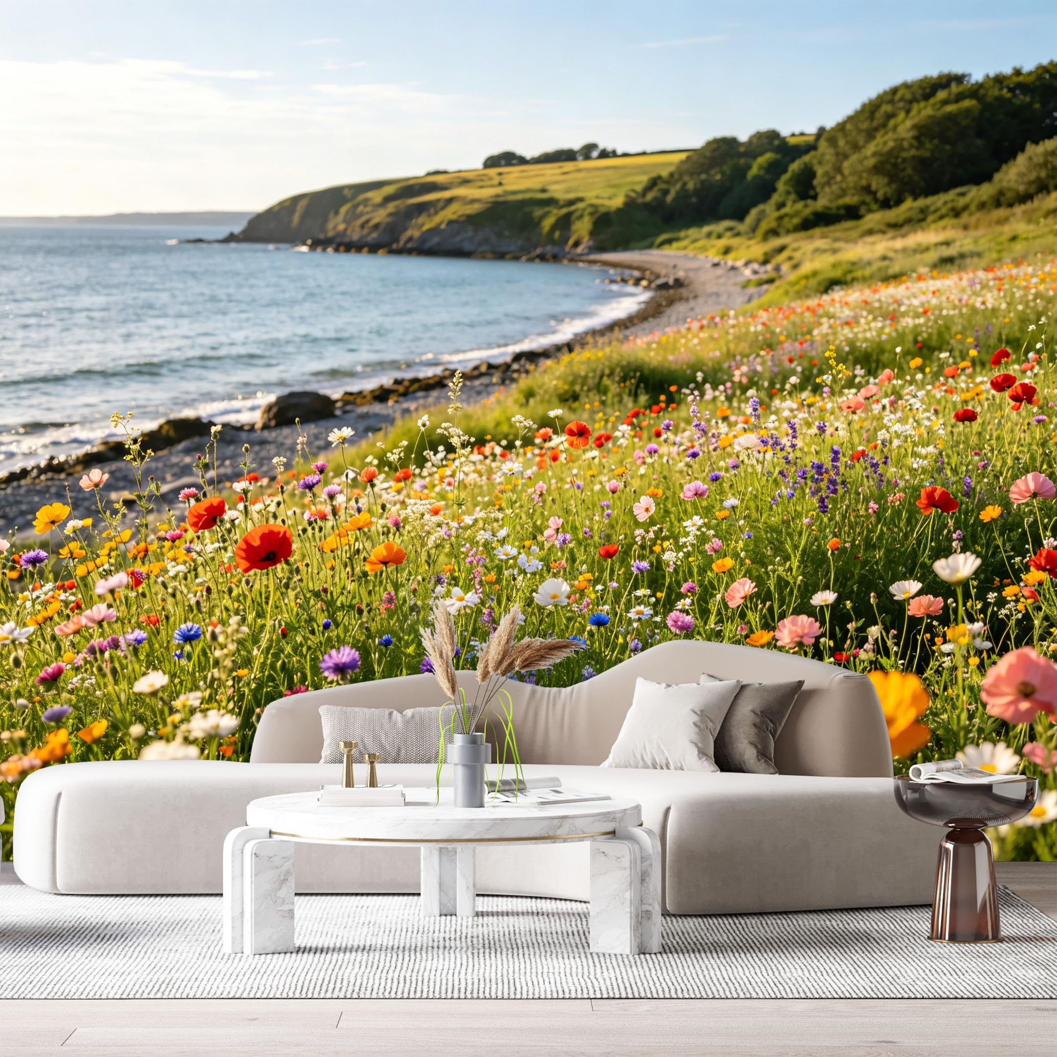 Custom Size Wall Murals Botanical Coastal Landscape Wildflower Meadow Ocean Shoreline SelfAdhesive Wall Fabric Removable Large Wallpaper for Photo Living Room