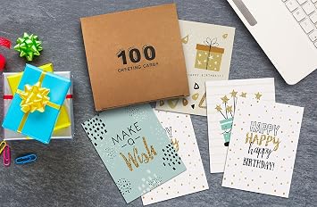 Better Office Products Happy Birthday Cards, 100 Pack, 4 x 6 Inches, 4 Cover Designs, Blank Fill, Envelopes Included, Elegant Gold Collection, 100 Pack