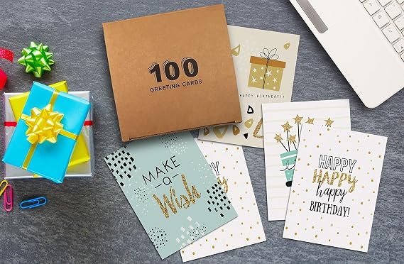 Better Office Products Happy Birthday Cards, 100 Pack, 4 x 6 Inches, 4 Cover Designs, Blank Fill, Envelopes Included, Elegant Gold Collection, 100 Pack