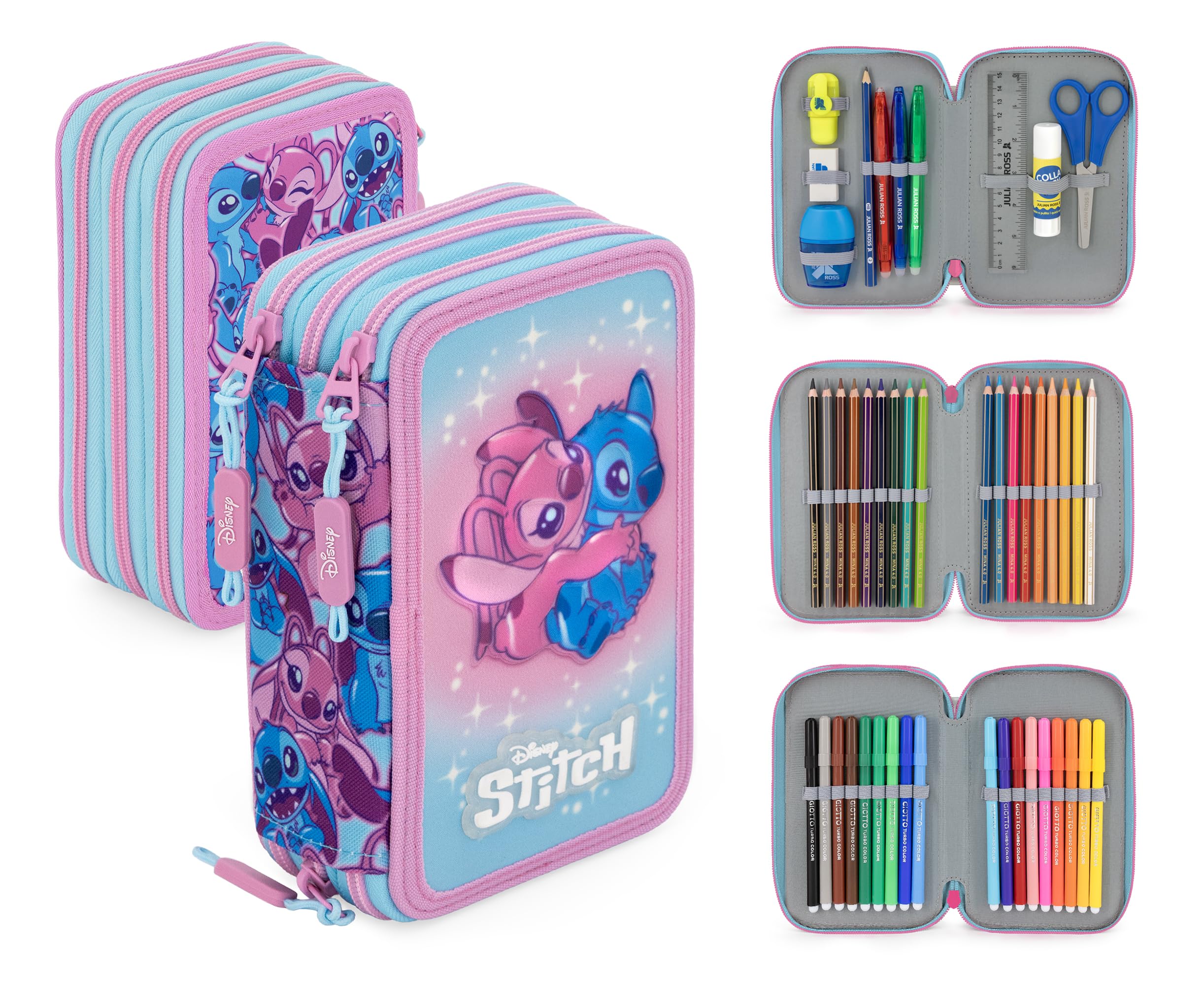 Clondo Astuccio Scuola 3 Scomparti Completo 46 Accessori Bambini Kit Cancelleria