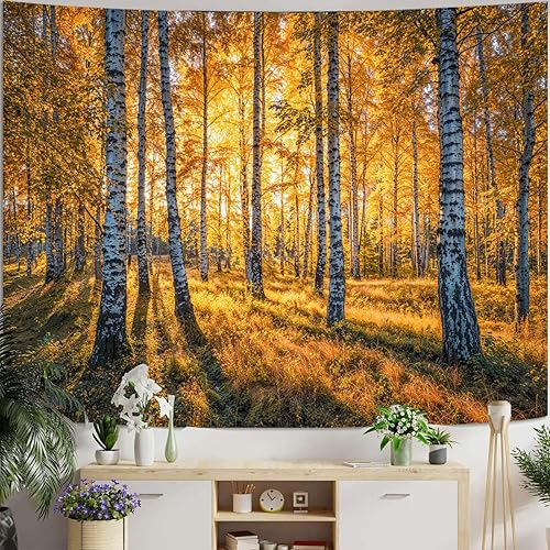 Miniatura 6 de Zussun Tapiz de otoño de bosque natural, tapiz de otoño de bosque de abedul, tapiz de pared para dormitorio, estético, paisaje amarillo, sol,