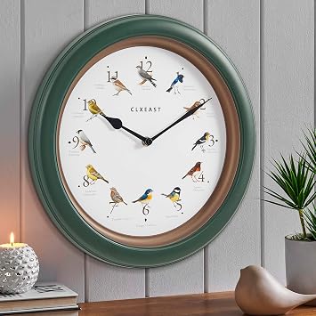 CLXEAST Illuminated Indoor Outdoor Clocks Waterproof &13.3 Inch Bird Clock That Sings on Hour,Singing Bird Clock with Nature Sounds from 6 am-9 pm and Silent Night Mode,Forest Green Finish