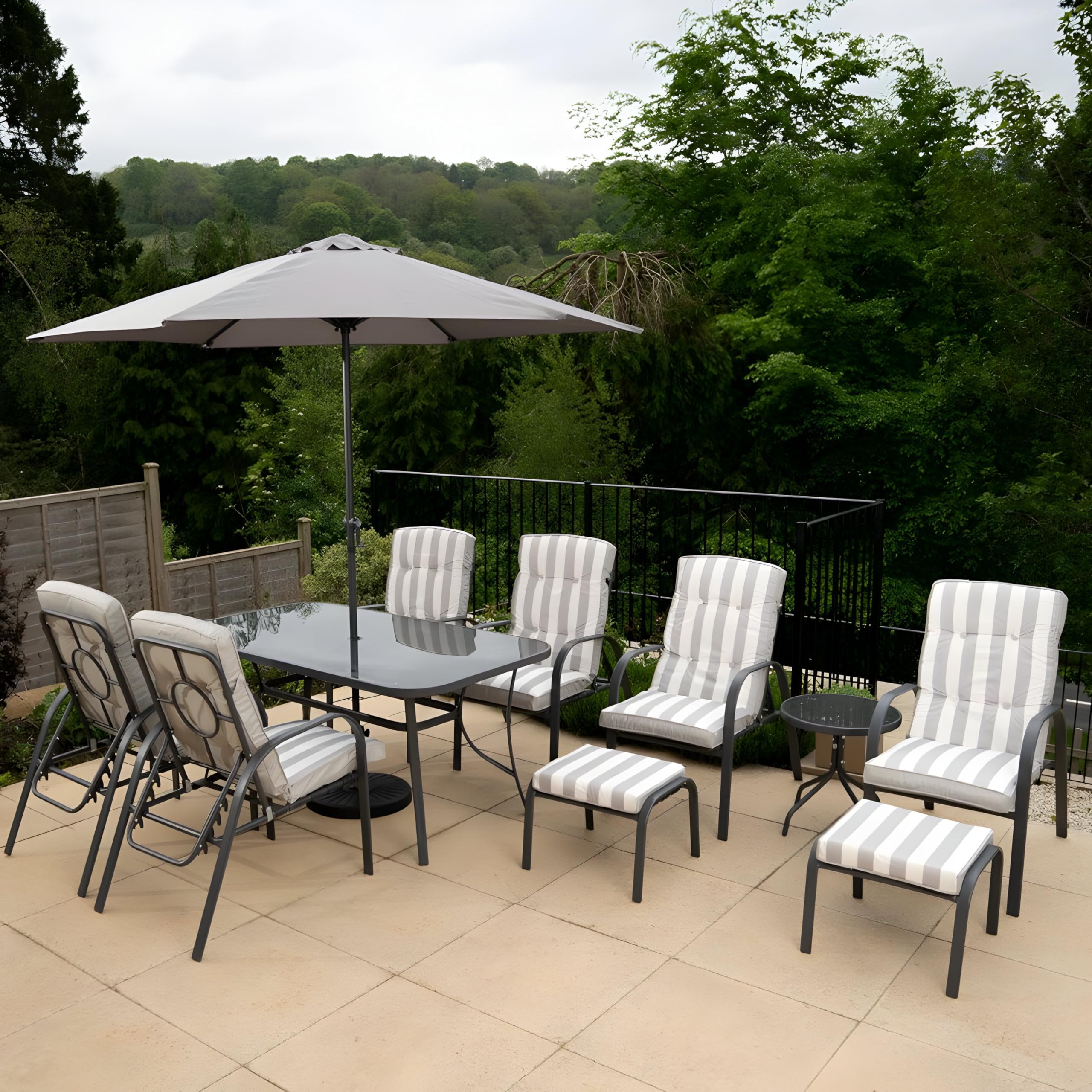 Hectare 6 Seater Metal Garden Furniture Outdoor Dining Set with Footstools and Side Table in Grey Stripe