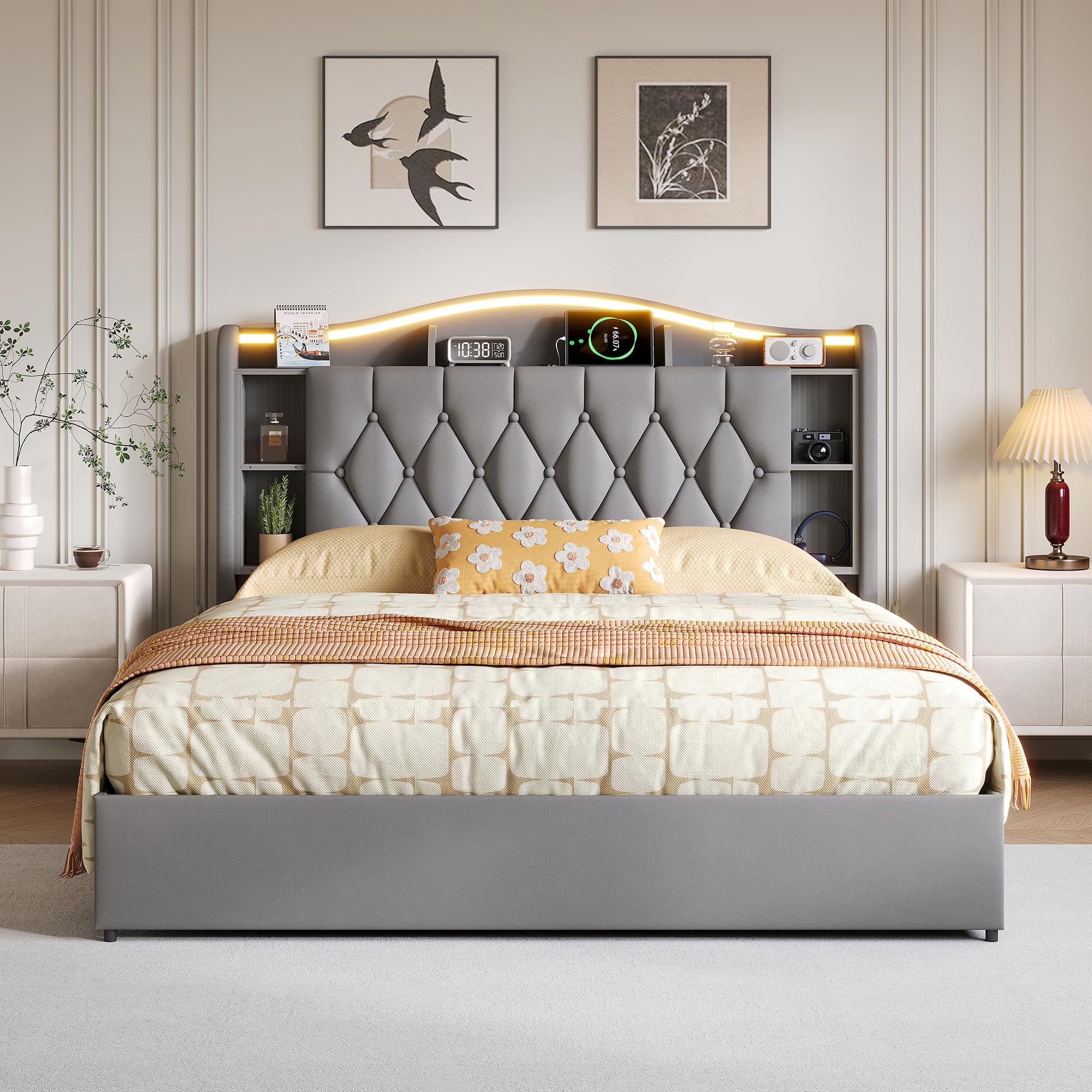 Lit double 160 x 200 cm avec coffre hydraulique, lit rembourré en velours avec LED RVB et USB/Type-C, tête de lit avec étagères de rangement, structure de lit avec sommier à lattes (gris-a, 160 x 200