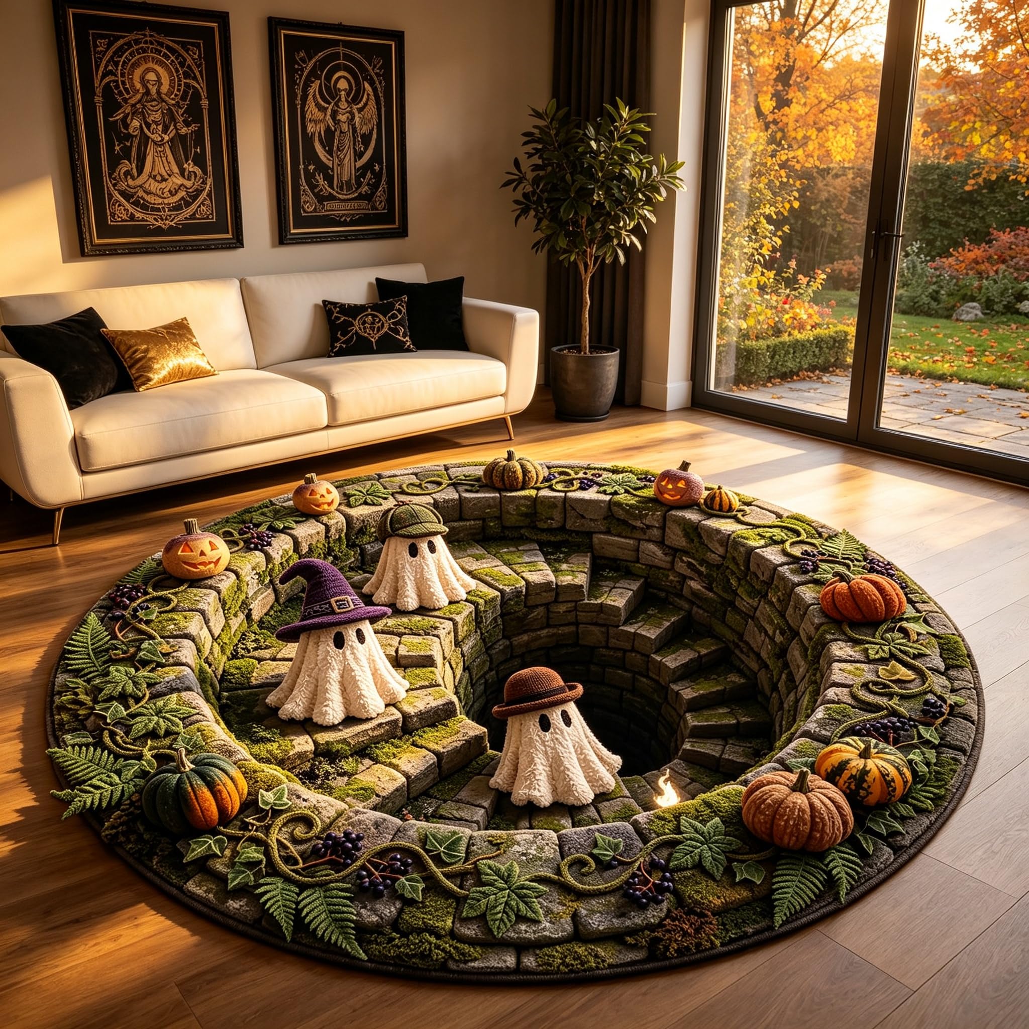 FHAWJK Three Ghost ROUND 3D Mat, Cute Style Halloween Ghost Decor 200x200cm