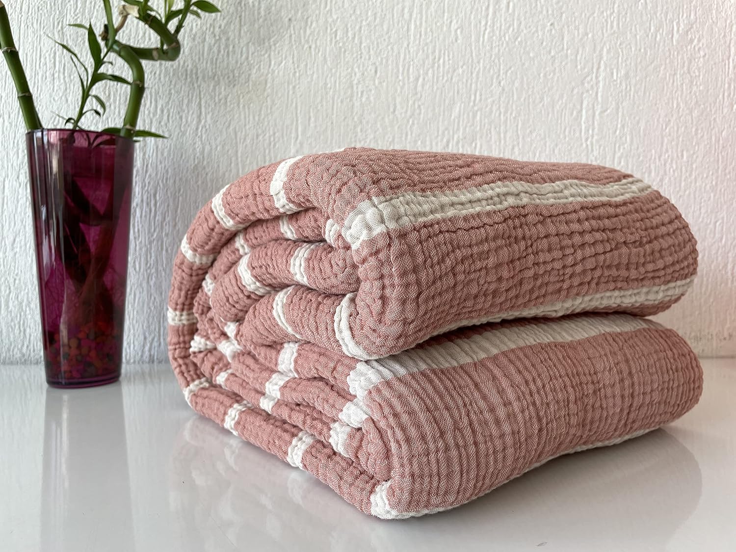 Muslin Blanket 100% Cotton, 4 Layers Bedspread, Soft Turkish Cotton Muslin Bed Cover, Reversible Coverlet, Striped Brick Red (King Size Two Pillowcase 20x36 (50x90cm))