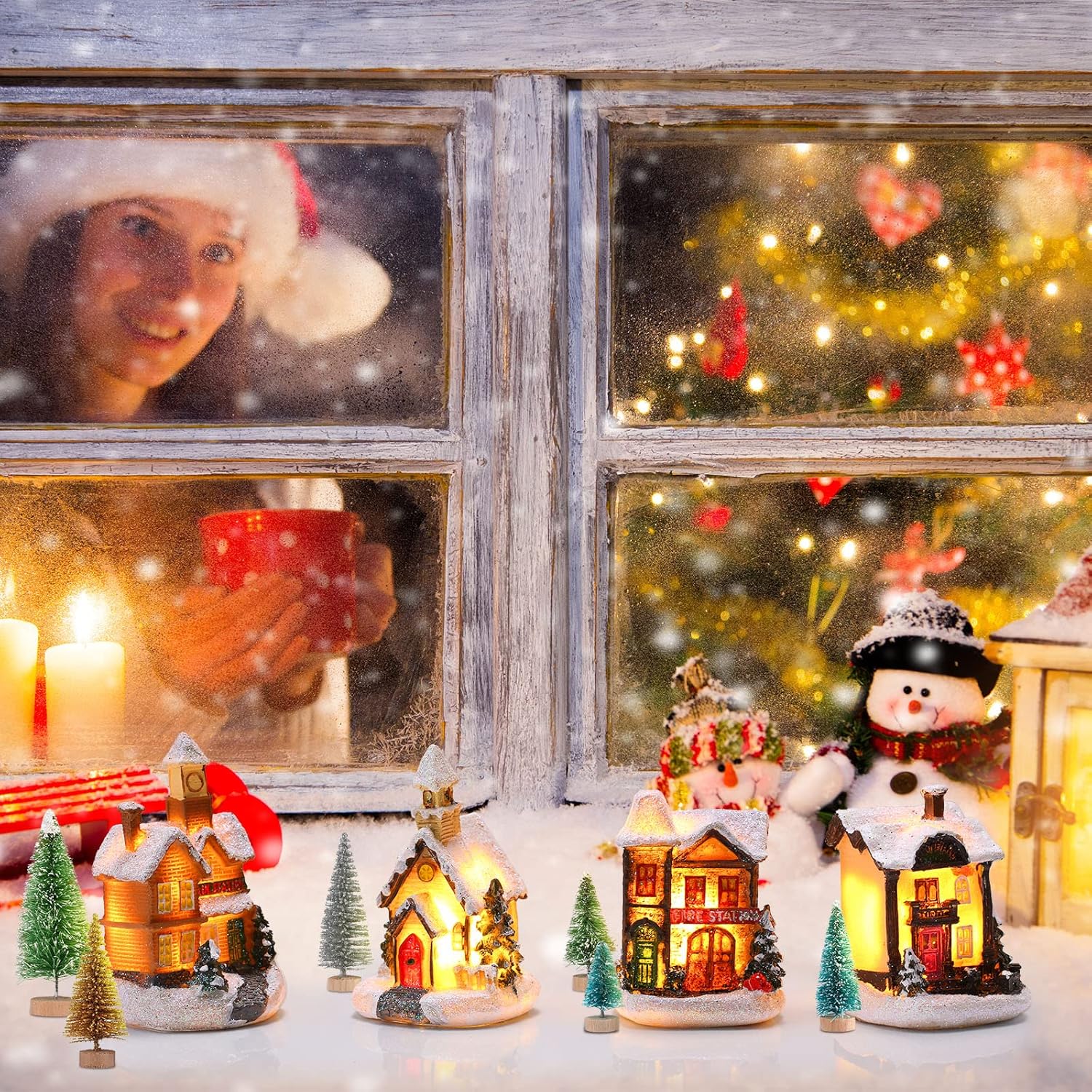 Tuanse 15 Pcs Christmas Village Accessories Set 4 LED Lighted Village Houses 10 Frosted Trees 3.5 oz Fake Snow for Christmas Collection Tabletop Mantel Shelf Indoor Room Decor(Rustic)