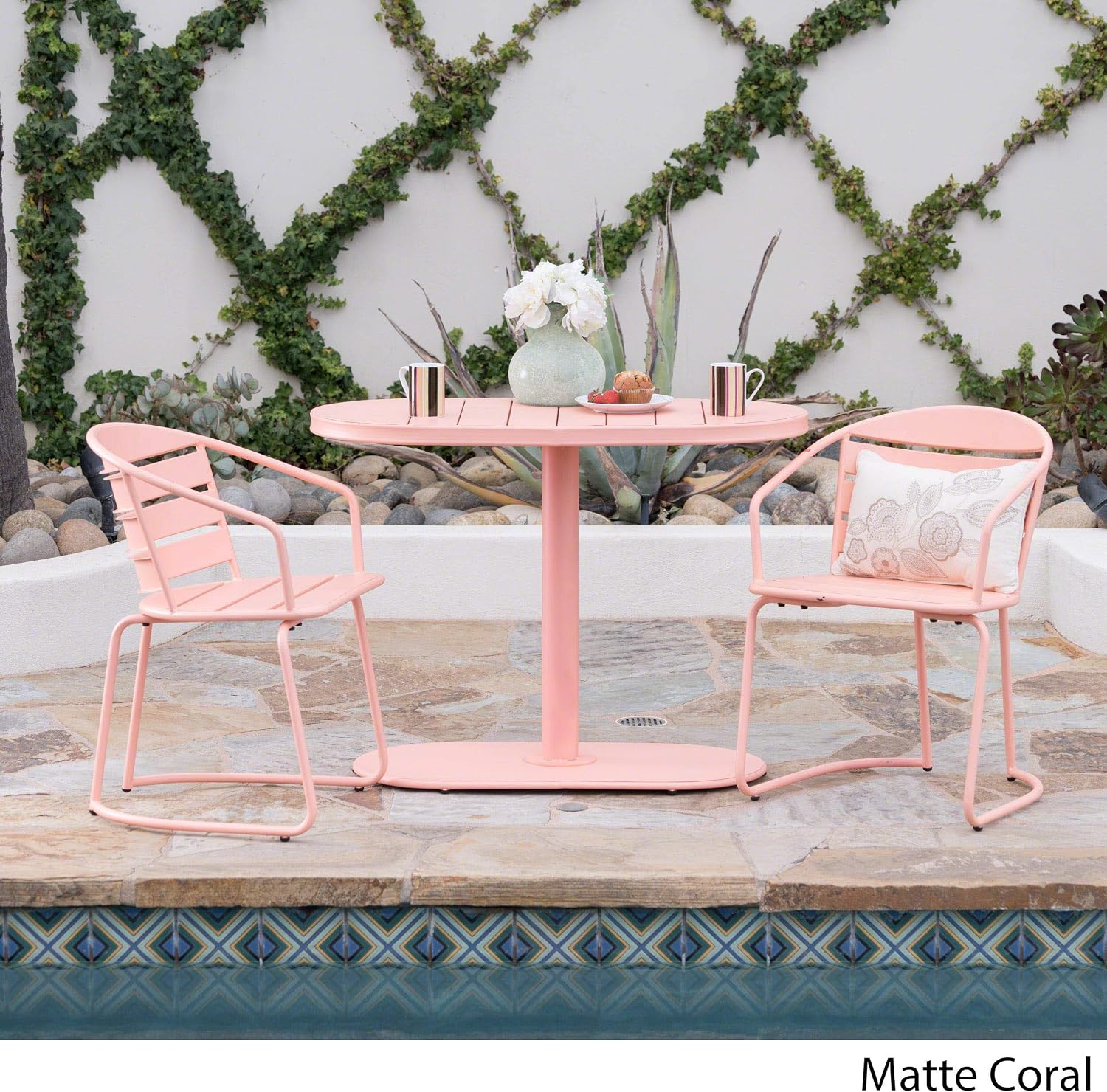 Christopher Knight Home Santa Monica Outdoor Iron Bistro Set, Matte Coral